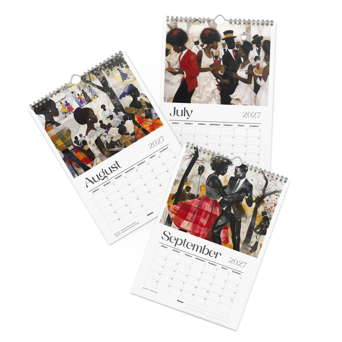 Detail pages of July, August and September calendar months of an 8" x 11" 2027 Picnic in the Park Wall Calendar featuring vibrant African American artwork celebrating Black families enjoying a joyful outdoor picnic in a beautiful park setting. Colorful Afrocentric illustrations capture family gatherings, community, togetherness, and Black cultural traditions, displayed against a clean white background.