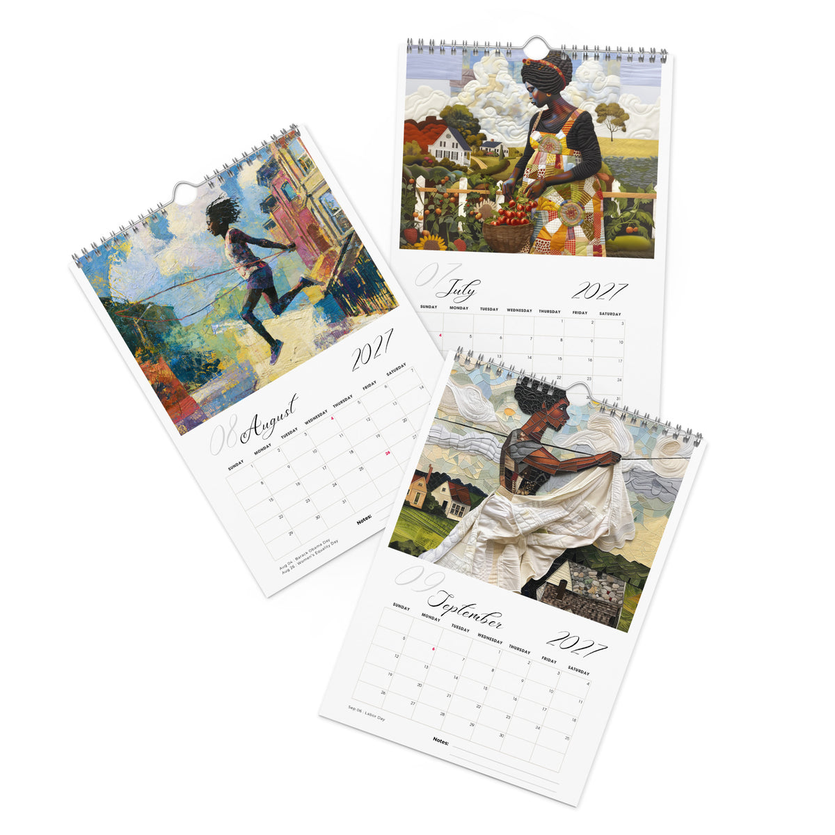 Detail pages of July, August and September calendar months of an 8" x 11" 2027 Rooted in Home Wall Calendar featuring vibrant African American quilt collage artwork celebrating the everyday lives of Black women, displayed against a clean white background.
