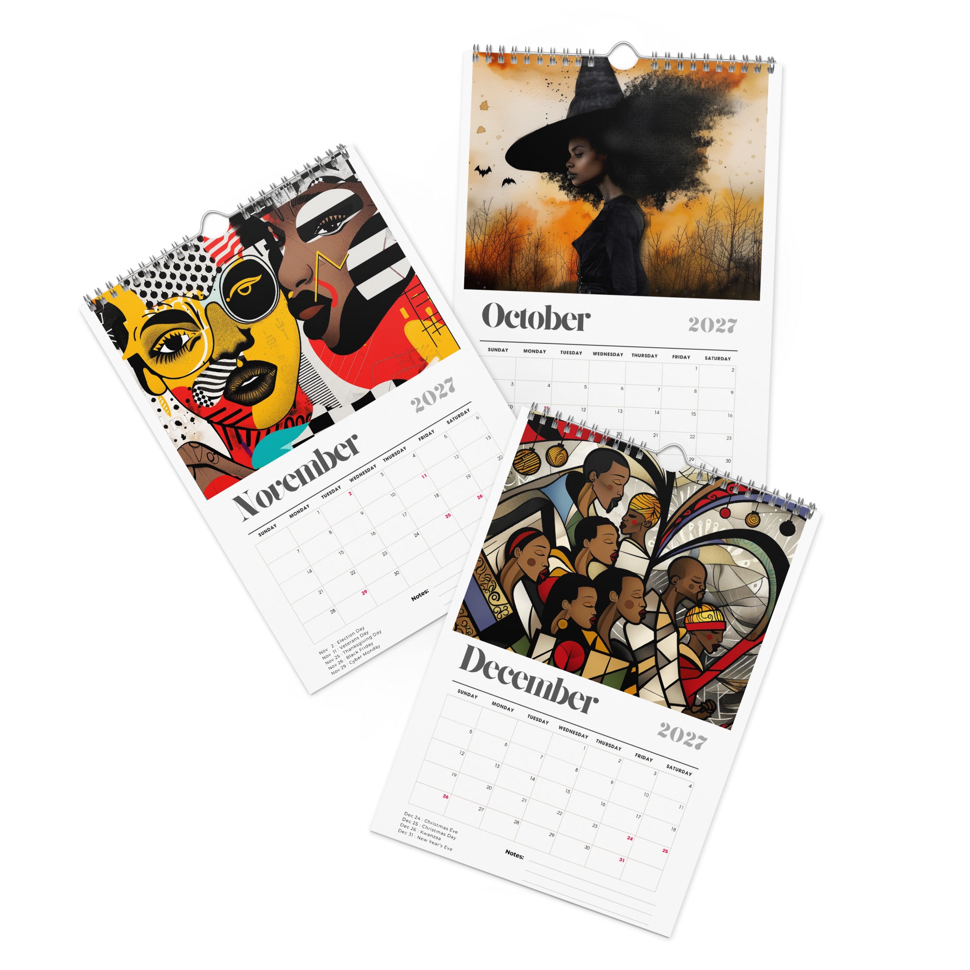 The artwork for the months of October, November and December of the 8" x 11" 2027 Afrocentric abstract wall calendar featuring colorful African American artwork inspired by Afrofuturism, graffiti art, urban culture, bold textures, and contemporary Black artistic expression, displayed against a clean white background.