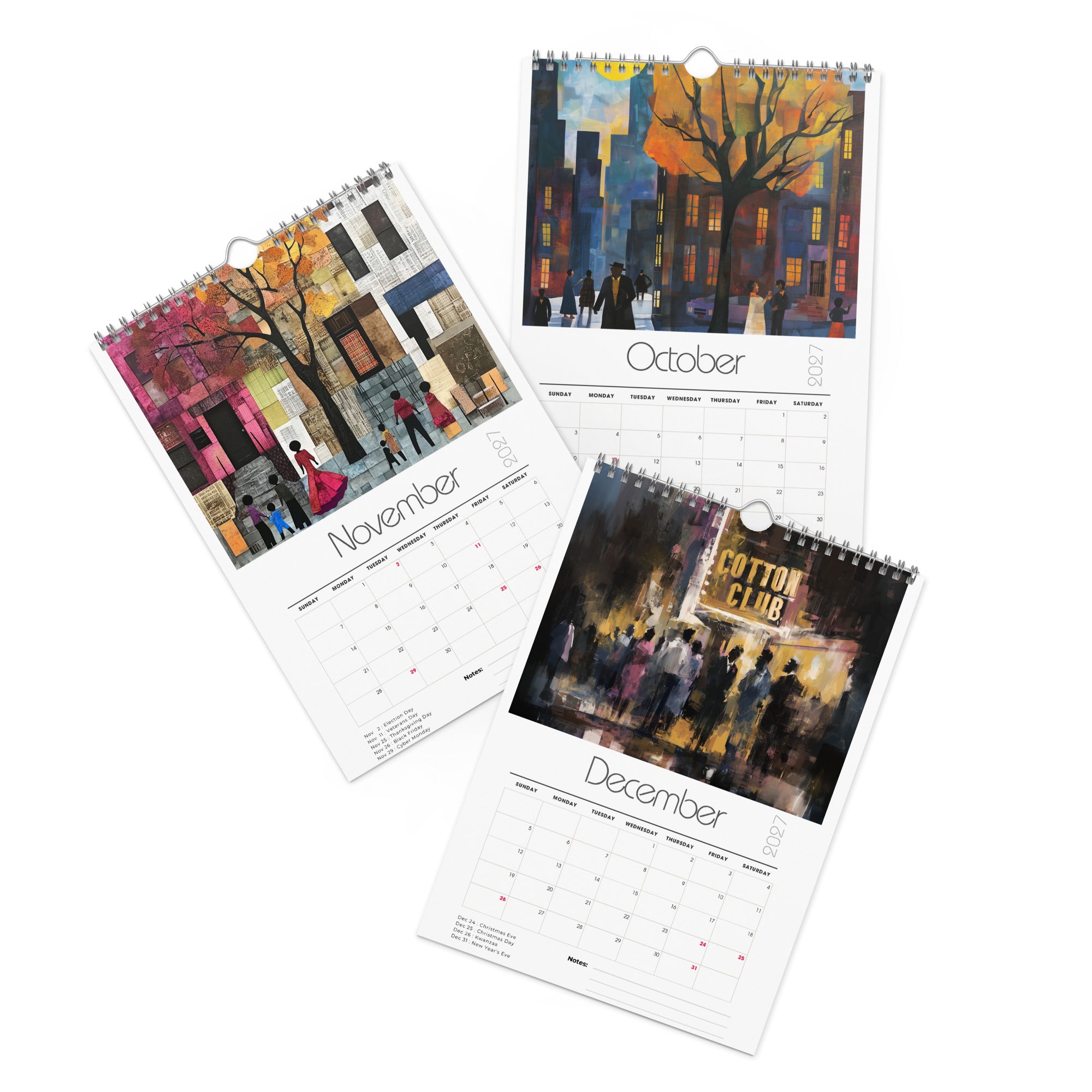 Detail pages of October, November and December calendar months of an 8" x 11" 2027 Harlem wall calendar featuring abstract African American art of Black people experiencing New York City street life, historic Harlem brownstones, and scenes inspired by Black culture and the Harlem Renaissance era.  Displayed against a clean white background.
