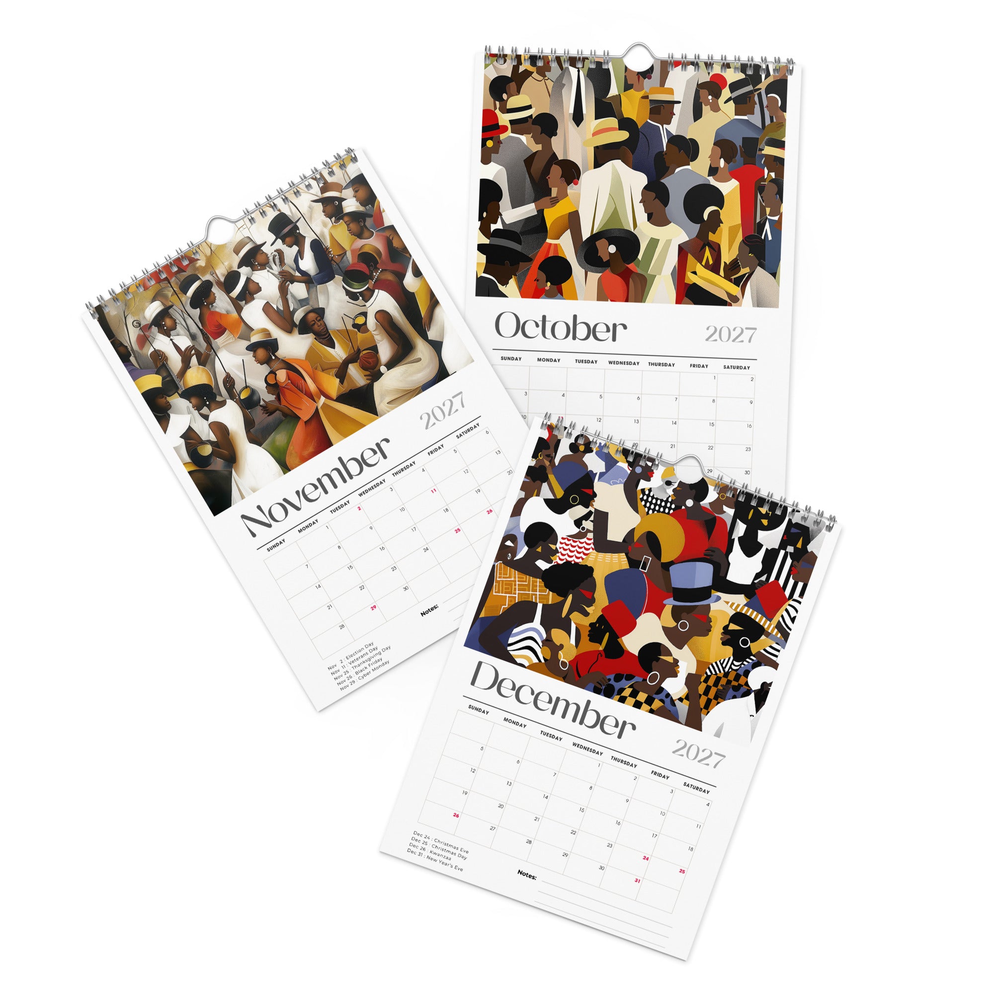 Detail pages of October, November and December calendar months of an 8" x 11" 2027 Picnic in the Park Wall Calendar featuring vibrant African American artwork celebrating Black families enjoying a joyful outdoor picnic in a beautiful park setting. Colorful Afrocentric illustrations capture family gatherings, community, togetherness, and Black cultural traditions, displayed against a clean white background.