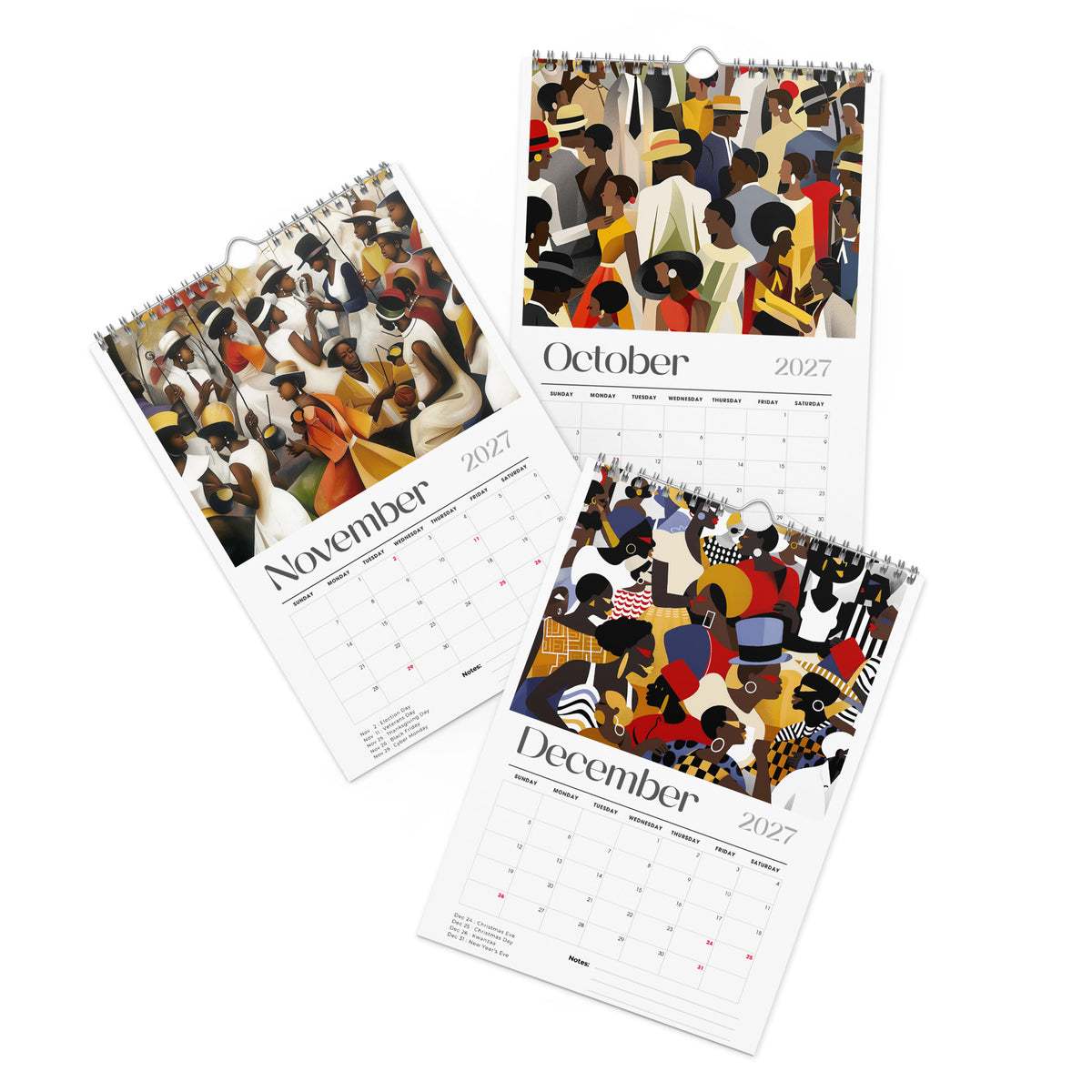 Detail pages of October, November and December calendar months of an 8" x 11" 2027 Picnic in the Park Wall Calendar featuring vibrant African American artwork celebrating Black families enjoying a joyful outdoor picnic in a beautiful park setting. Colorful Afrocentric illustrations capture family gatherings, community, togetherness, and Black cultural traditions, displayed against a clean white background.