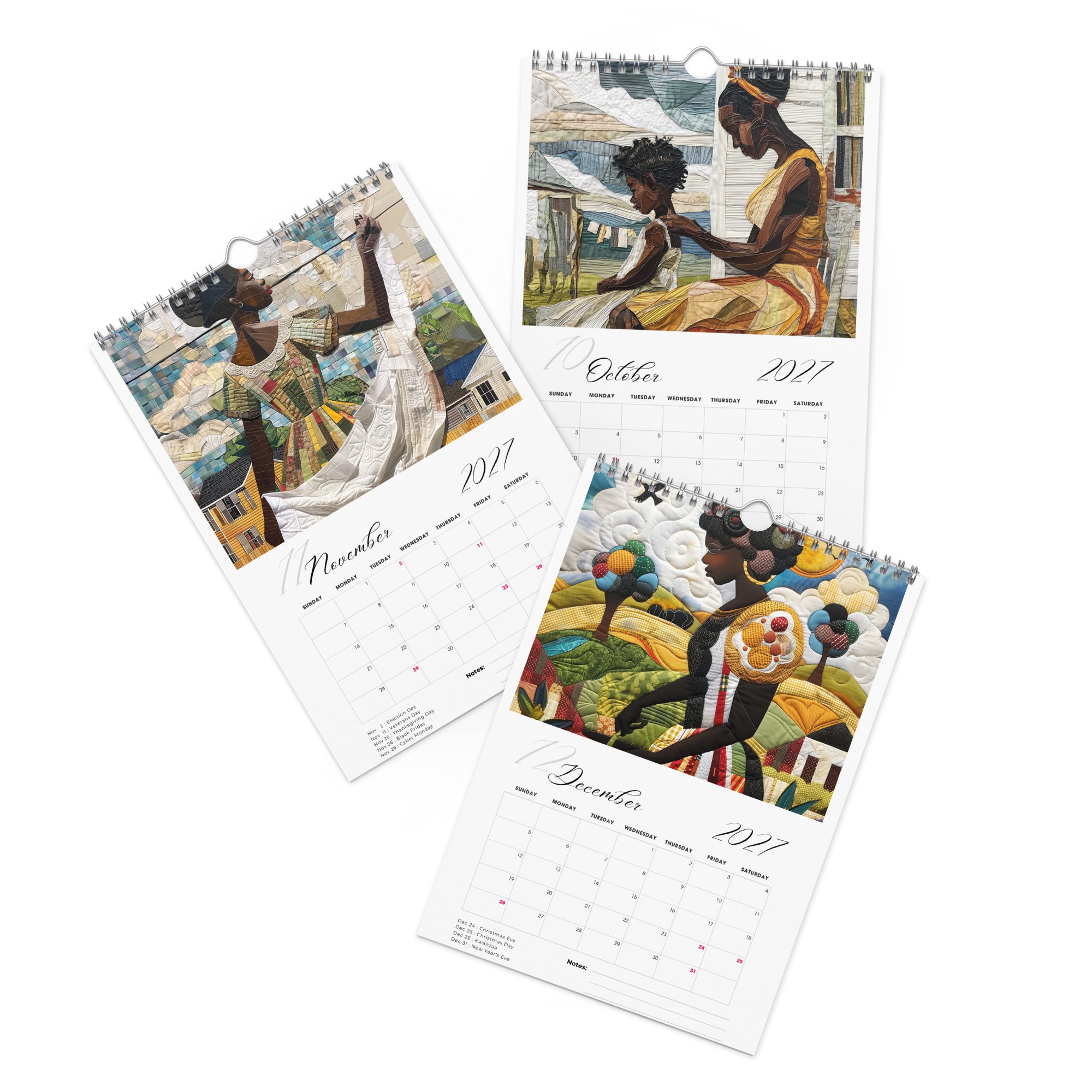 Detail pages of October, November and December calendar months of an 8" x 11" 2027 Rooted in Home Wall Calendar featuring vibrant African American quilt collage artwork celebrating the everyday lives of Black women, displayed against a clean white background.