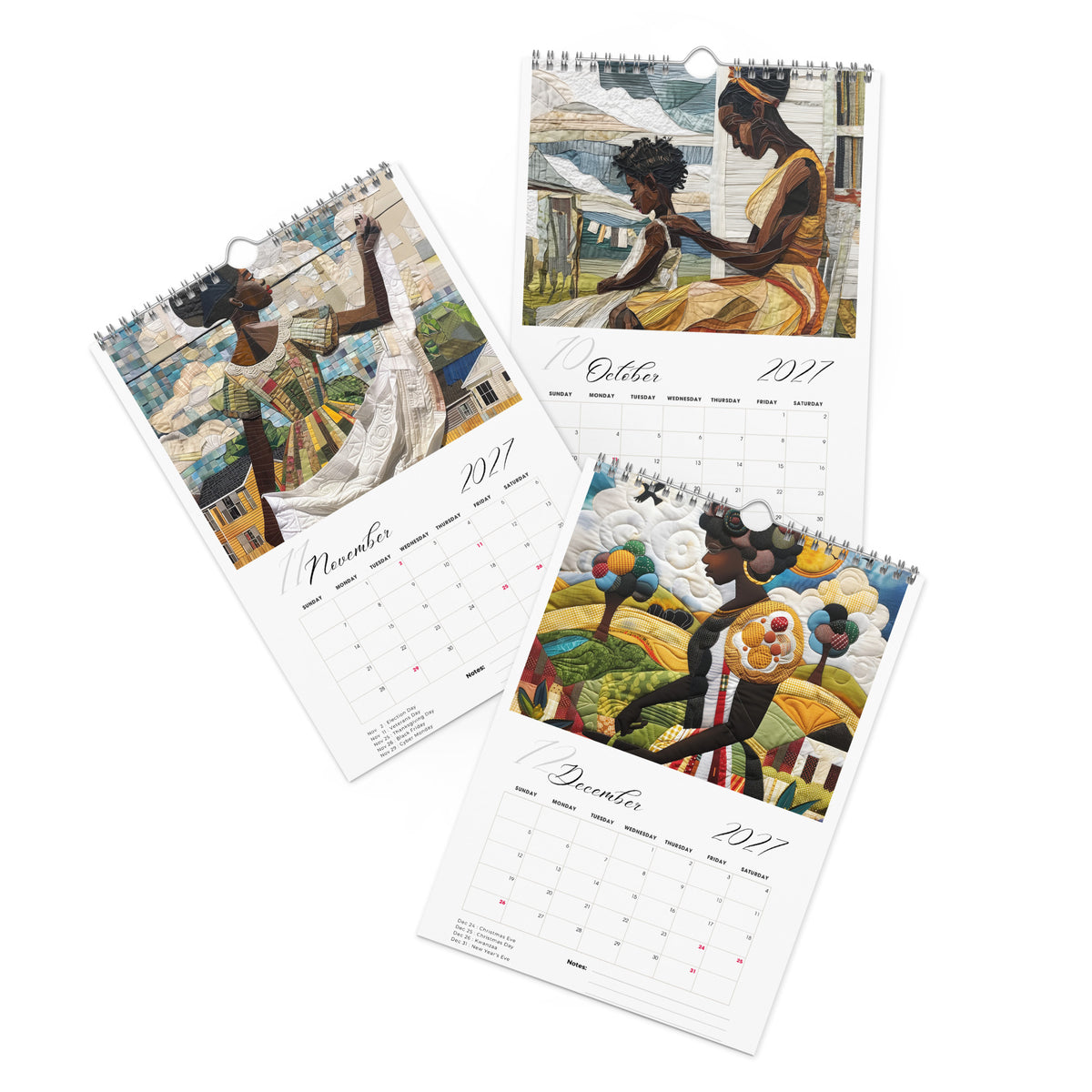 Detail pages of October, November and December calendar months of an 8" x 11" 2027 Rooted in Home Wall Calendar featuring vibrant African American quilt collage artwork celebrating the everyday lives of Black women, displayed against a clean white background.