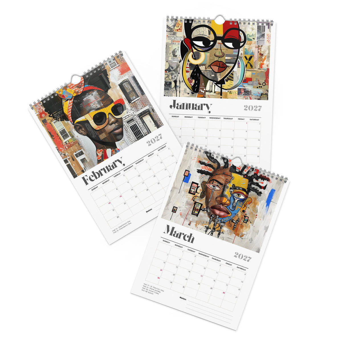 The artwork for the months of January, February and March of the 8" x 11" 2027 Afrocentric abstract wall calendar featuring colorful African American artwork inspired by Afrofuturism, graffiti art, urban culture, bold textures, and contemporary Black artistic expression, displayed against a clean white background.