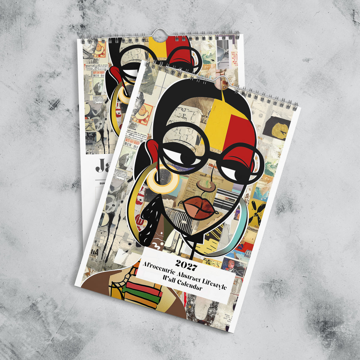 Front cover and January calendar month views of an 8" x 11" 2027 Afrocentric abstract wall calendar featuring colorful African American artwork inspired by Afrofuturism, graffiti art, urban culture, bold textures, and contemporary Black artistic expression, displayed against a clean white background.