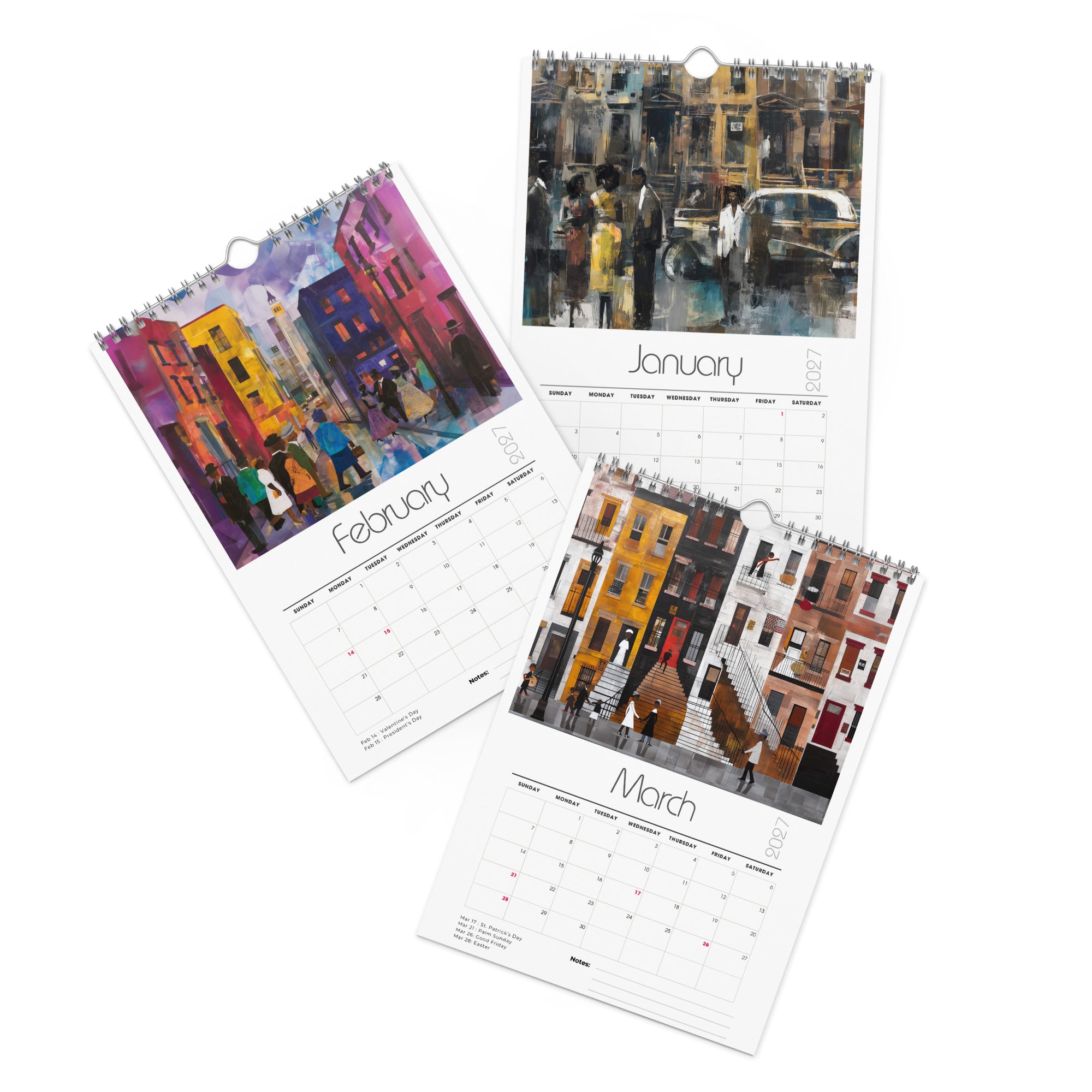 Detail pages of January, February and March calendar months of an 8" x 11" 2027 Harlem wall calendar featuring abstract African American art of Black people experiencing New York City street life, historic Harlem brownstones, and scenes inspired by Black culture and the Harlem Renaissance era.  Displayed against a clean white background.