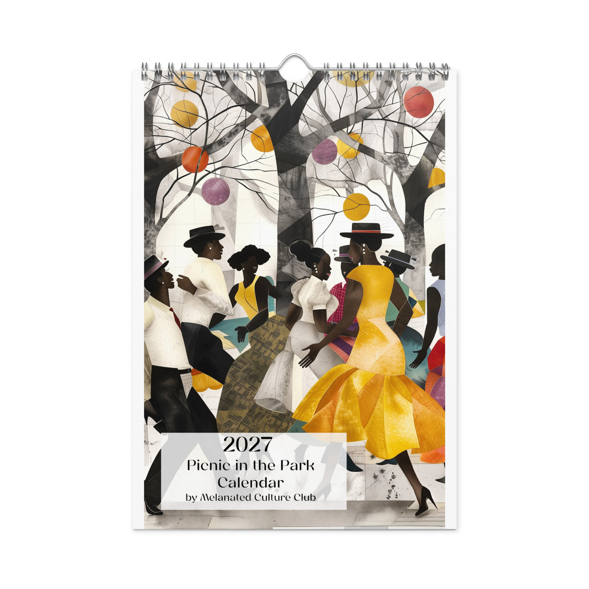 Front cover of an 8" x 11" 2027 Picnic in the Park Wall Calendar featuring vibrant African American artwork celebrating Black families enjoying a joyful outdoor picnic in a beautiful park setting. Colorful Afrocentric illustrations capture family gatherings, community, togetherness, and Black cultural traditions, displayed against a clean white background.