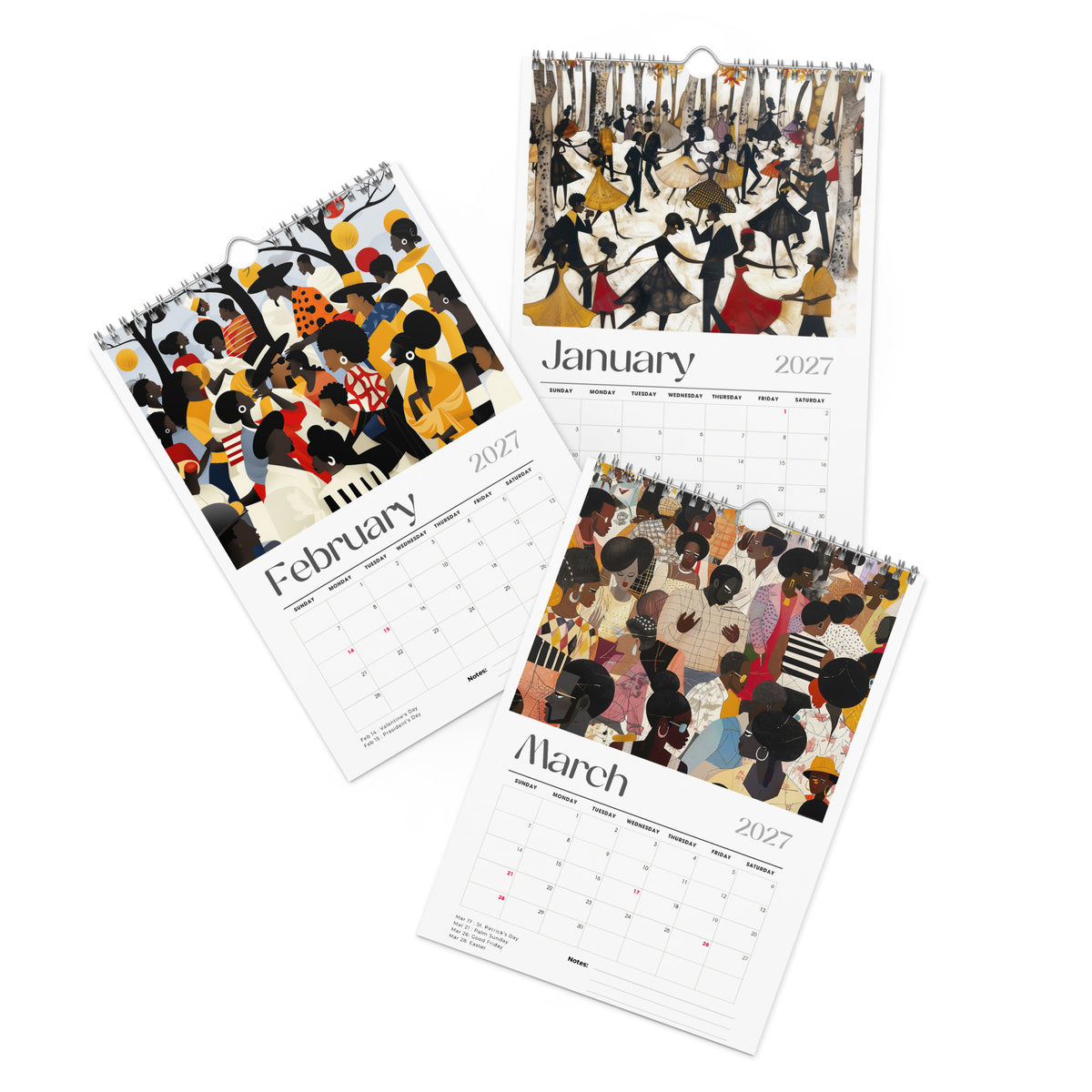 Detail pages of January, February and March calendar months of an 8" x 11" 2027 Picnic in the Park Wall Calendar featuring vibrant African American artwork celebrating Black families enjoying a joyful outdoor picnic in a beautiful park setting. Colorful Afrocentric illustrations capture family gatherings, community, togetherness, and Black cultural traditions, displayed against a clean white background.