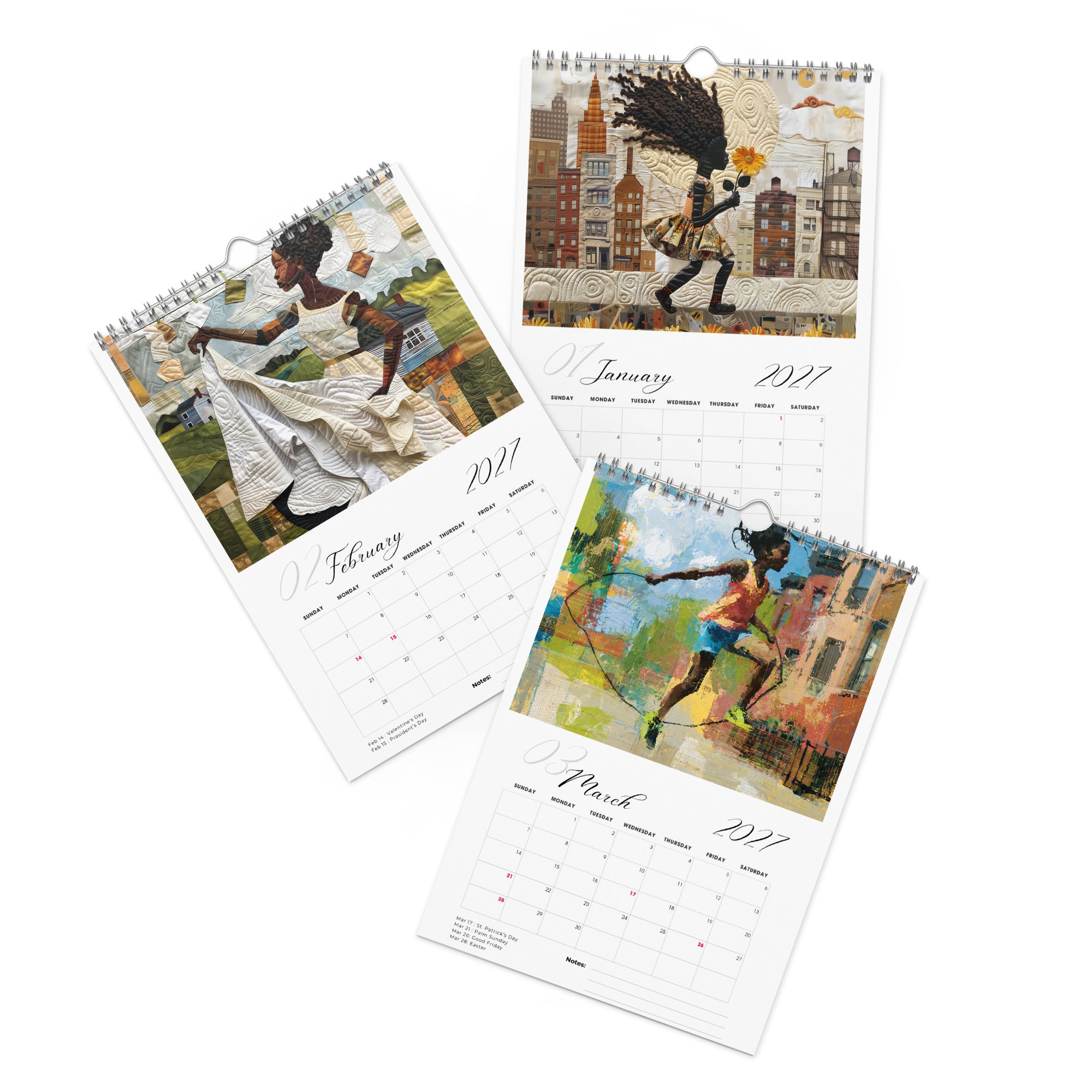 Detail pages of January, February and March calendar months of an 8" x 11" 2027 Rooted in Home Wall Calendar featuring vibrant African American quilt collage artwork celebrating the everyday lives of Black women, displayed against a clean white background.