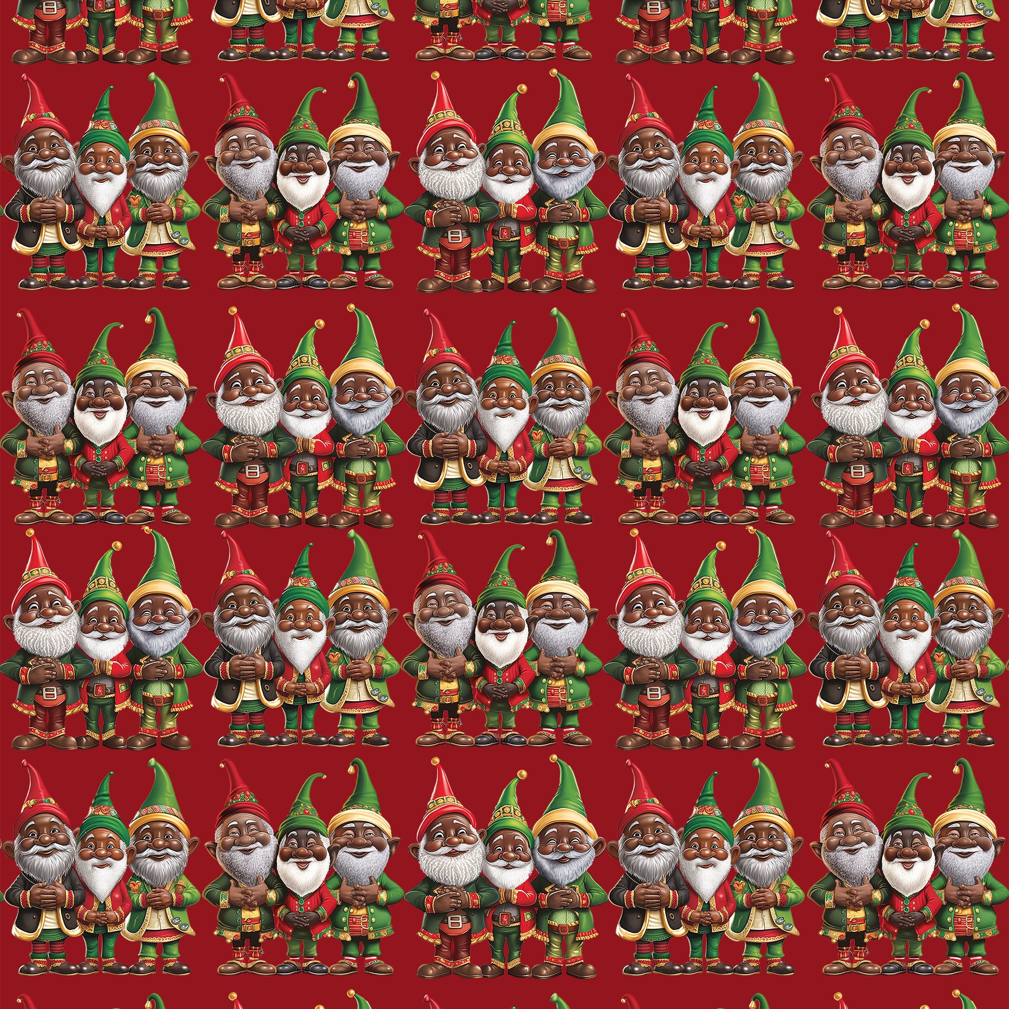 Black Santa Elves Christmas Wrapping Paper featuring African American gnomes and festive Afrocentric designs in red, green, and gold, perfect for holiday gifts and Christmas décor.