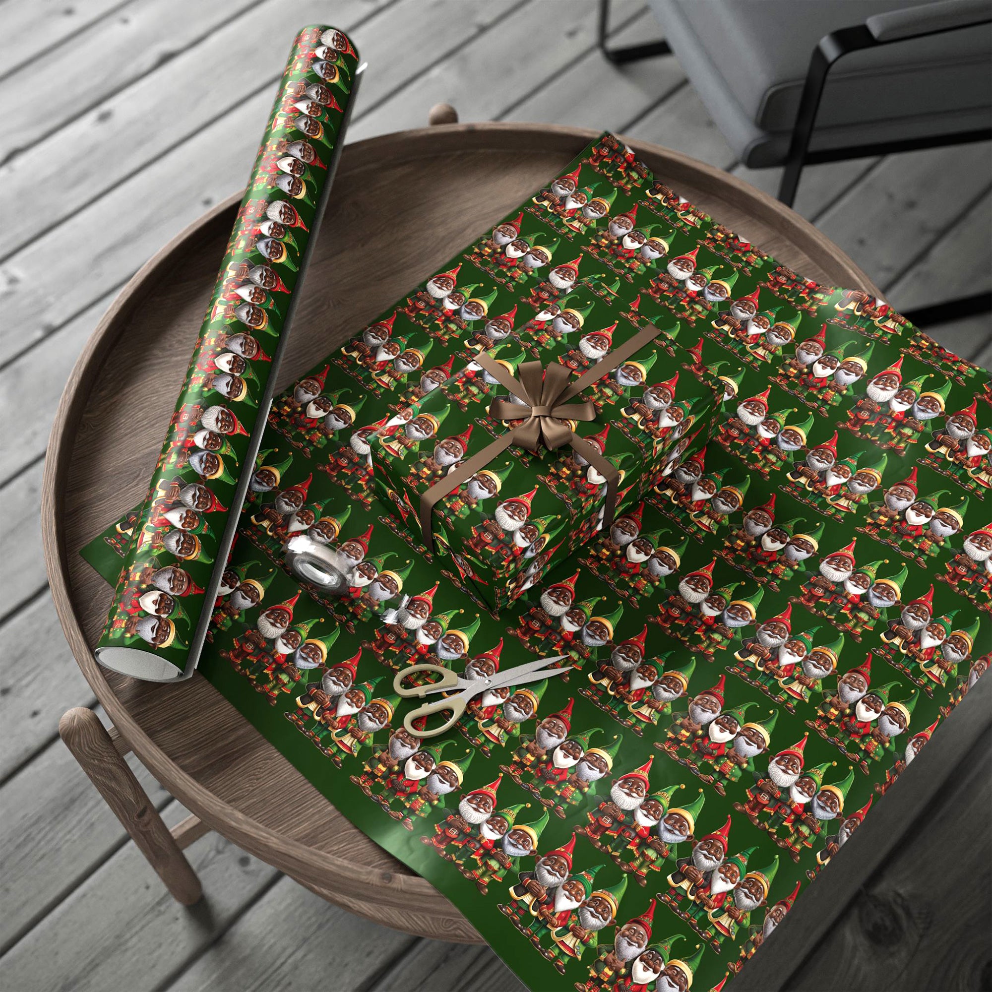 Black Santa Elves Christmas Wrapping Paper featuring African American gnomes and festive Afrocentric designs in red, green, and gold, perfect for holiday gifts and Christmas décor.