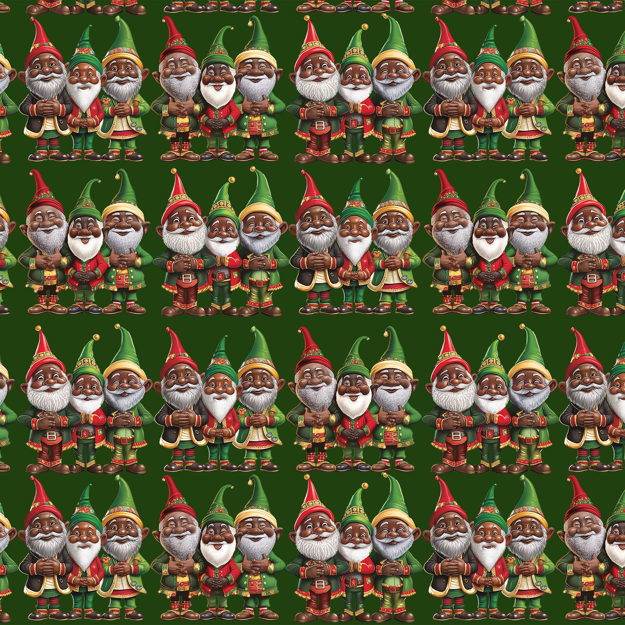 Black Santa Elves Christmas Wrapping Paper featuring African American gnomes and festive Afrocentric designs in red, green, and gold, perfect for holiday gifts and Christmas décor.