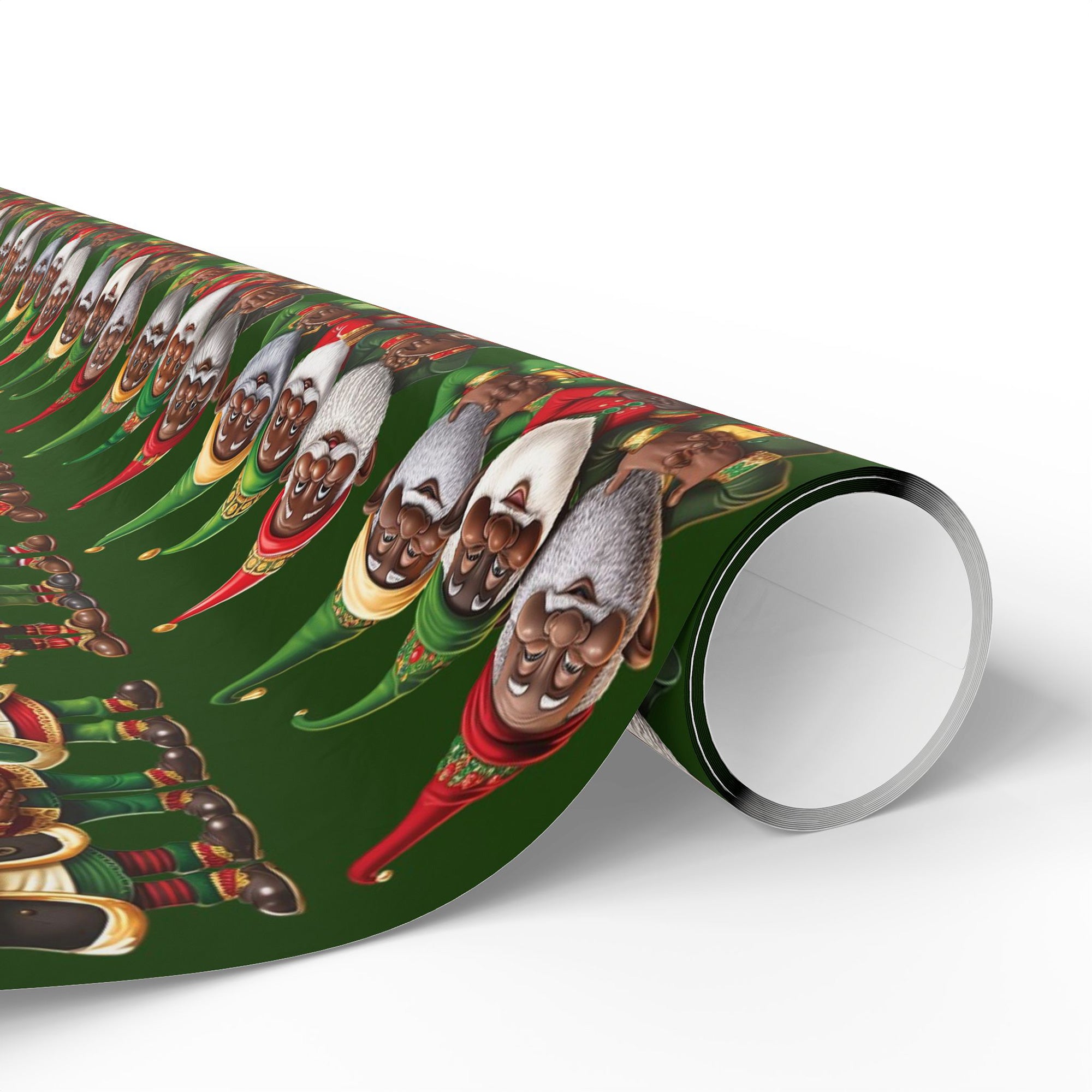 Black Santa Elves Christmas Wrapping Paper featuring African American gnomes and festive Afrocentric designs in red, green, and gold, perfect for holiday gifts and Christmas décor.