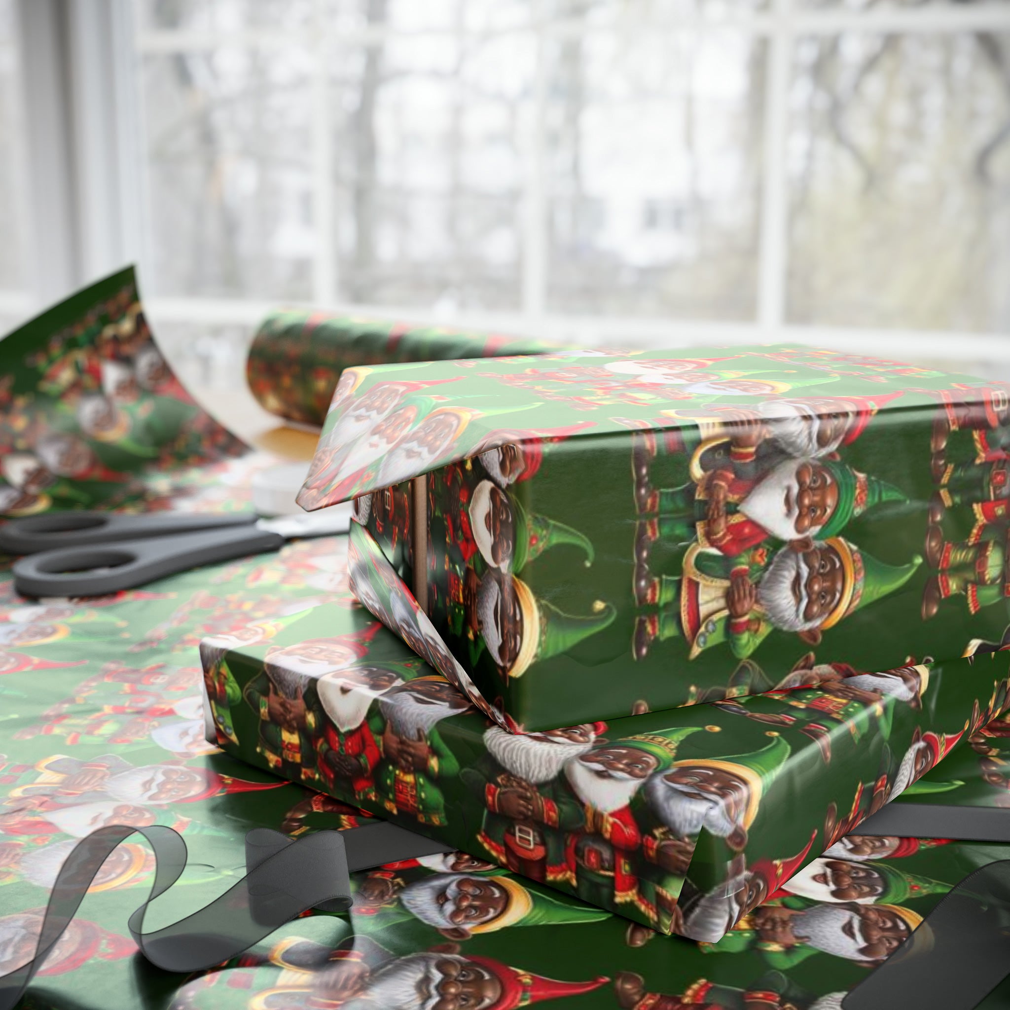 Black Santa Elves Christmas Wrapping Paper featuring African American gnomes and festive Afrocentric designs in red, green, and gold, perfect for holiday gifts and Christmas décor.