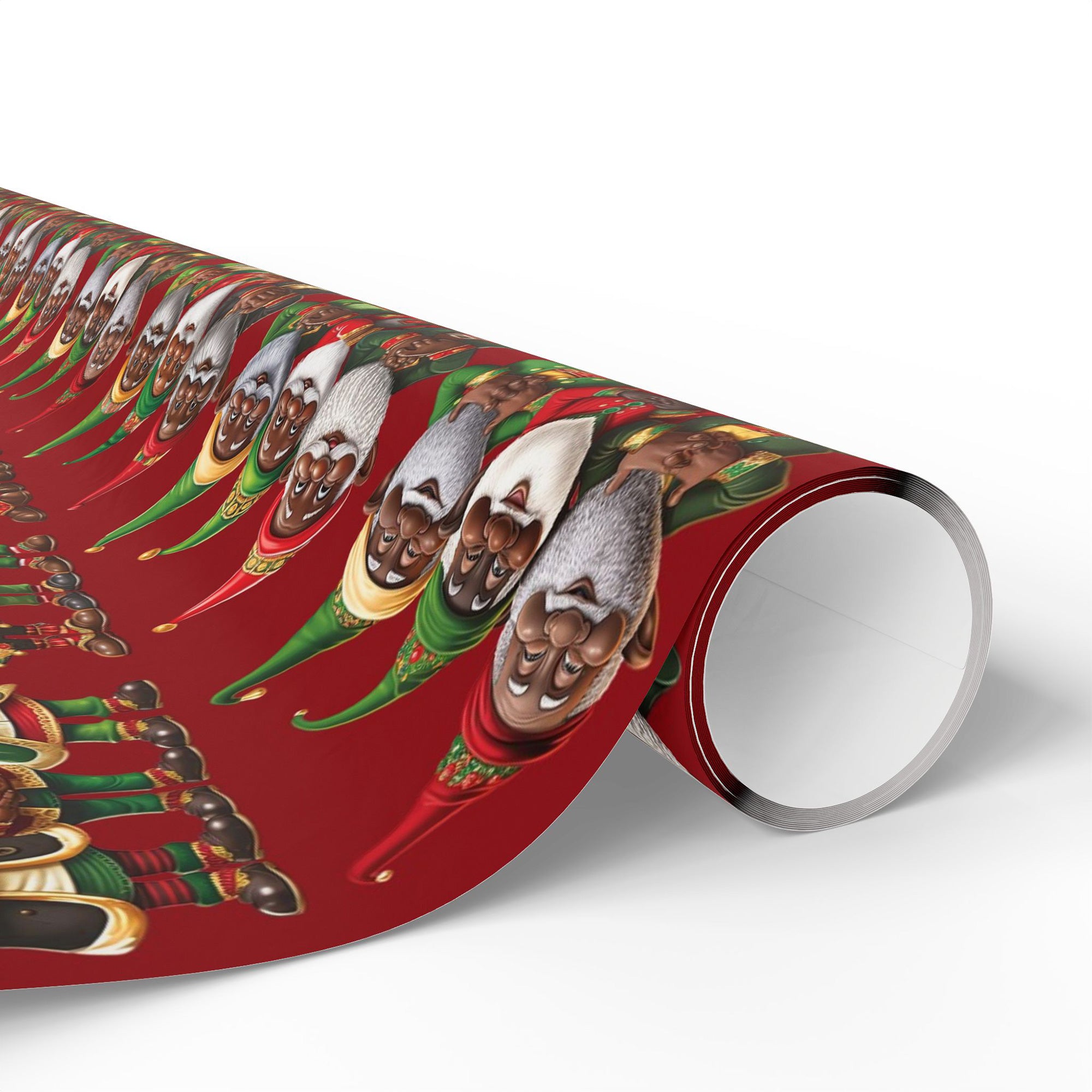 Black Santa Elves Christmas Wrapping Paper featuring African American gnomes and festive Afrocentric designs in red, green, and gold, perfect for holiday gifts and Christmas décor.