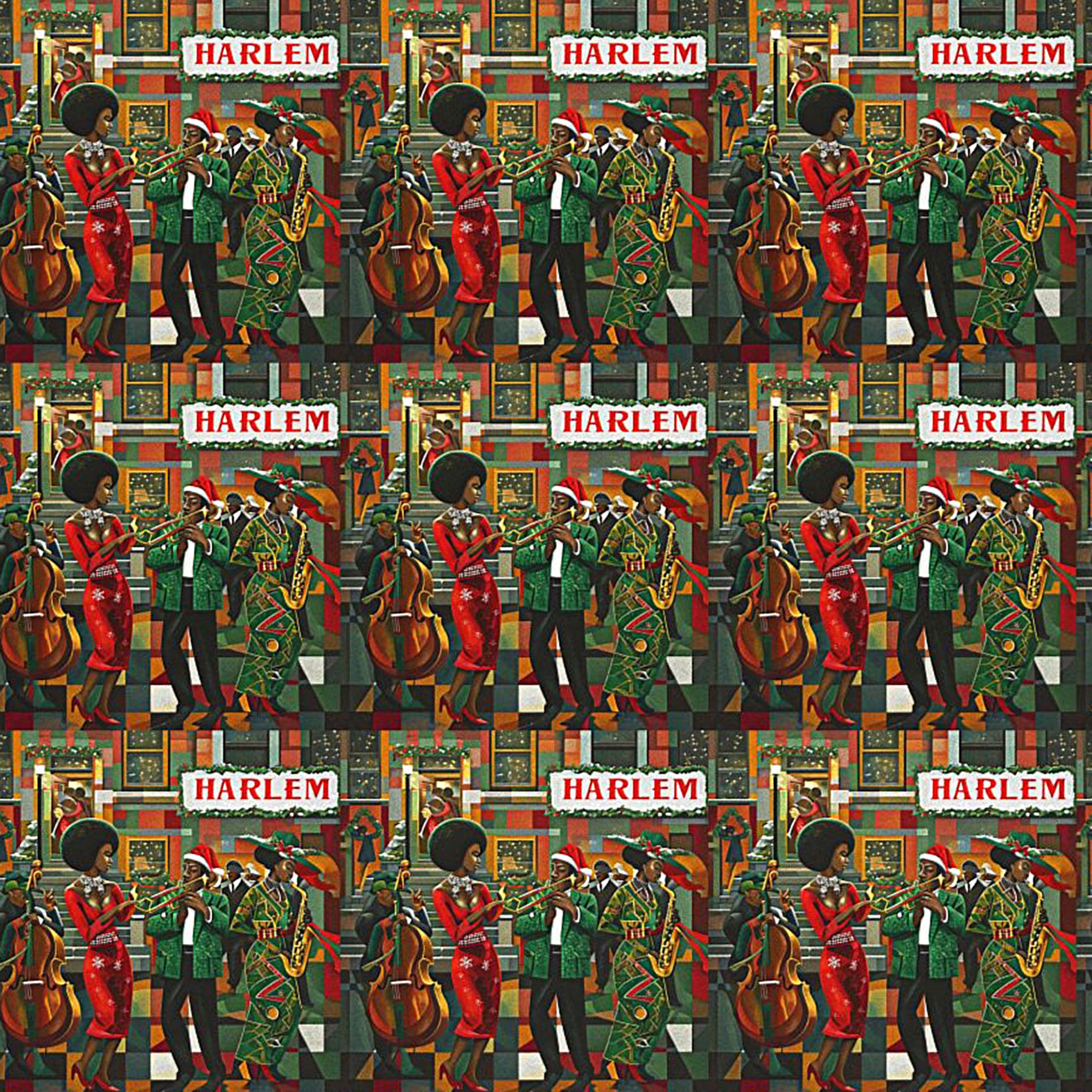 Afrocentric Christmas wrapping paper featuring Harlem jazz musicians in a retro Harlem Renaissance style, perfect for African American holiday gifts and cultural Christmas décor.