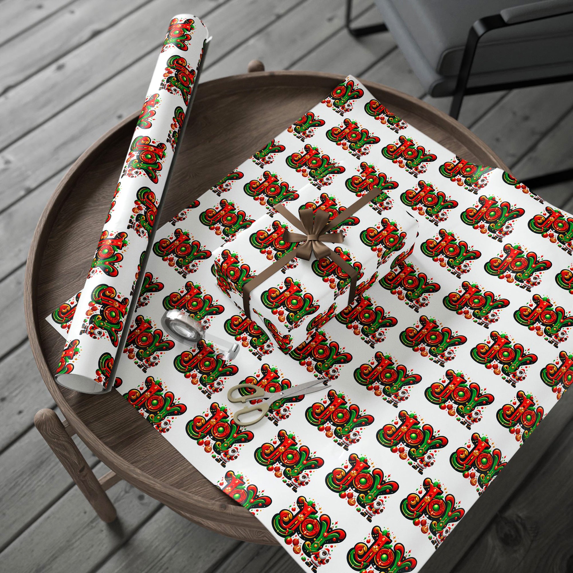 This festive gift wrapping paper features the word "Joy" in bold, cheerful lettering, beautifully accented with a happy African American Santa Claus.