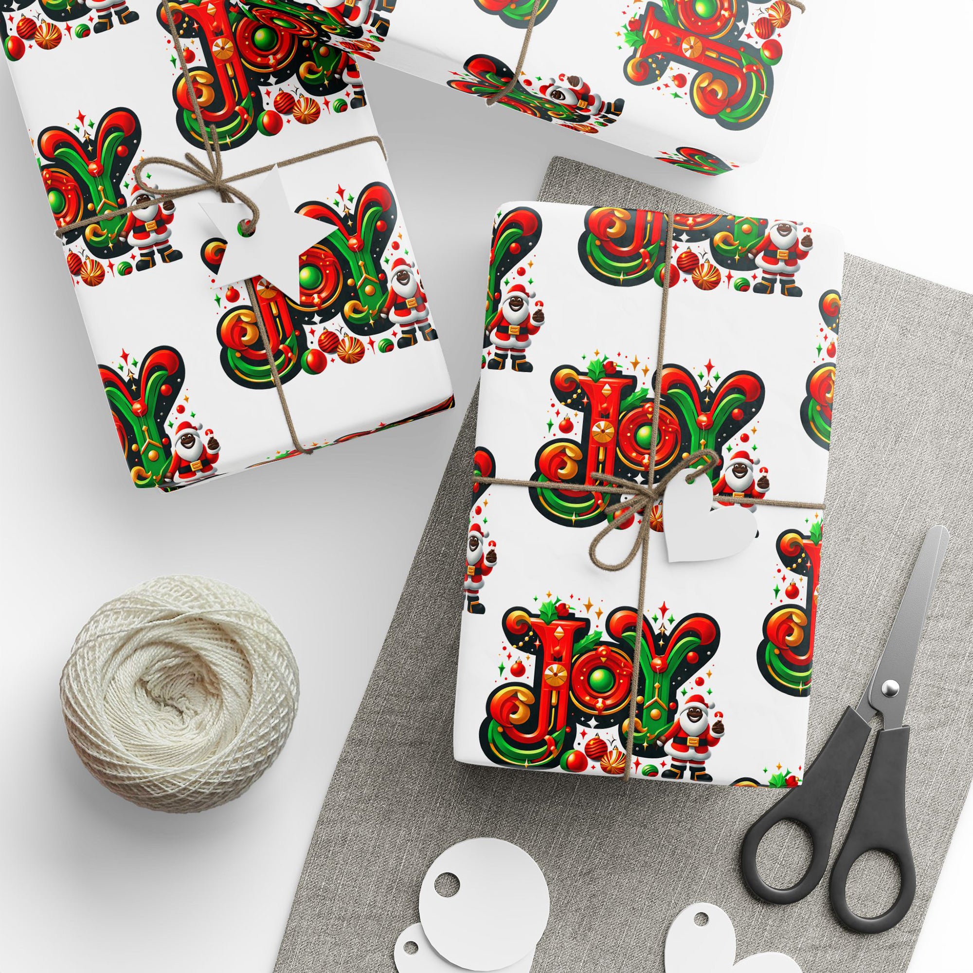This festive gift wrapping paper features the word "Joy" in bold, cheerful lettering, beautifully accented with a happy African American Santa Claus.