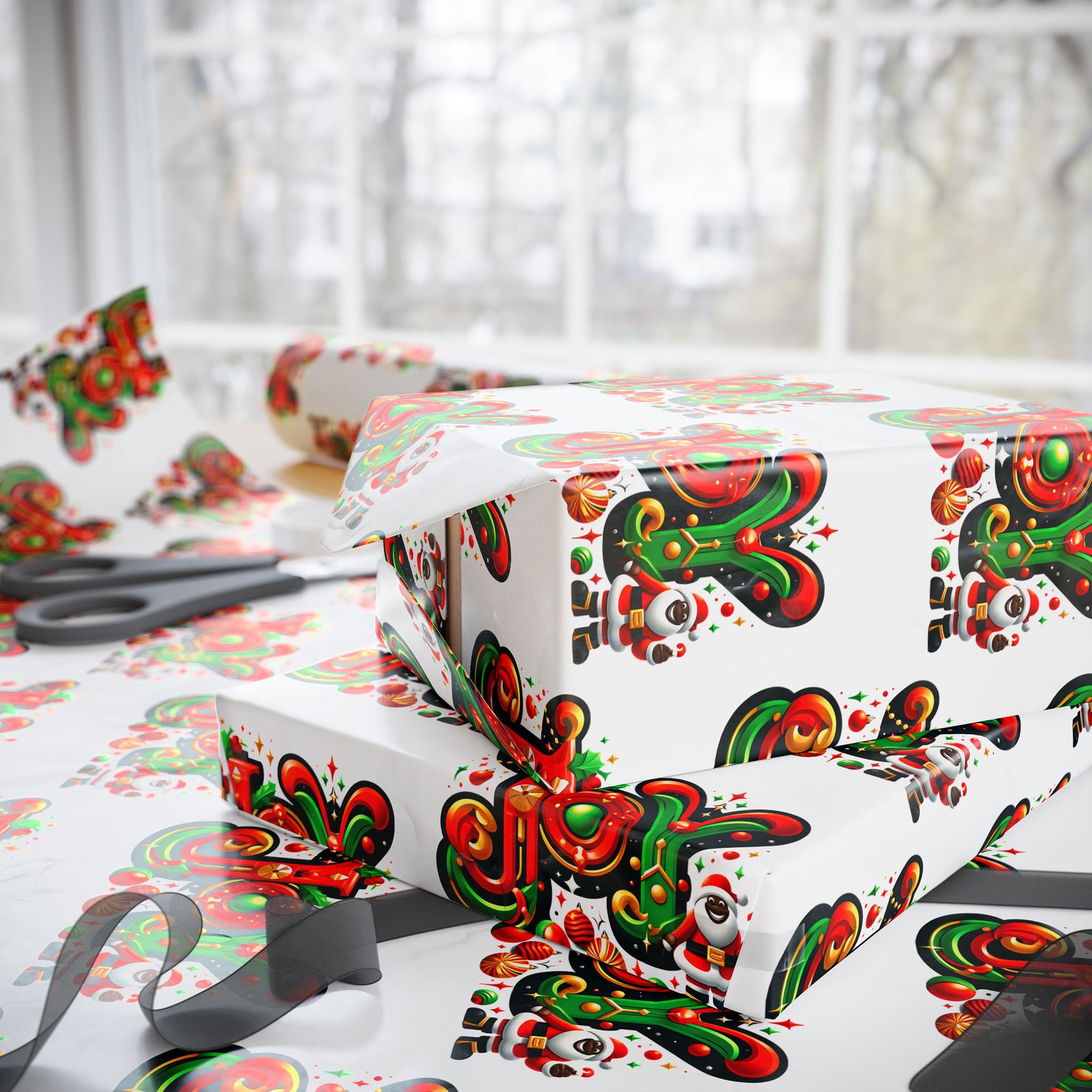 This festive gift wrapping paper features the word "Joy" in bold, cheerful lettering, beautifully accented with a happy African American Santa Claus.