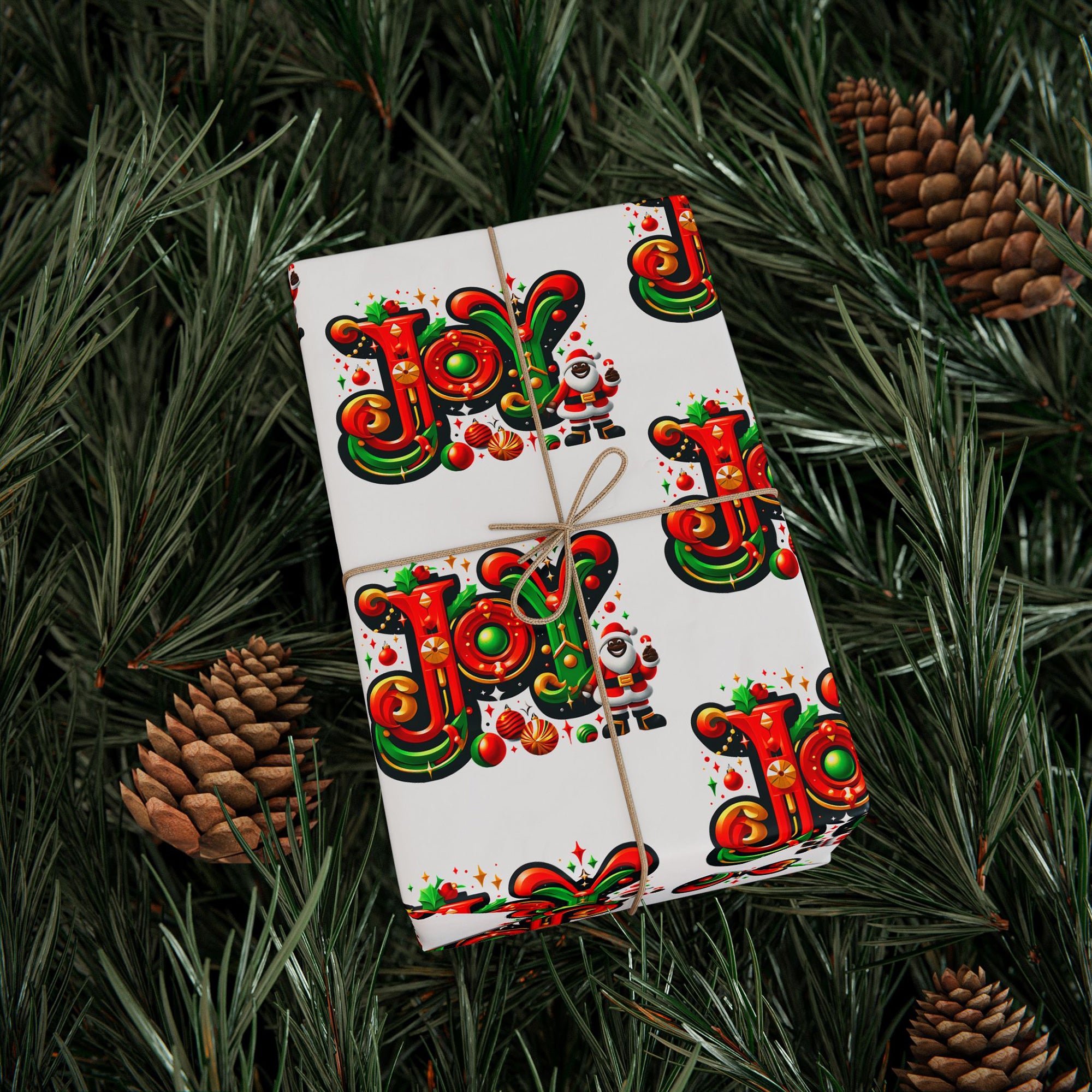 This festive gift wrapping paper features the word "Joy" in bold, cheerful lettering, beautifully accented with a happy African American Santa Claus.
