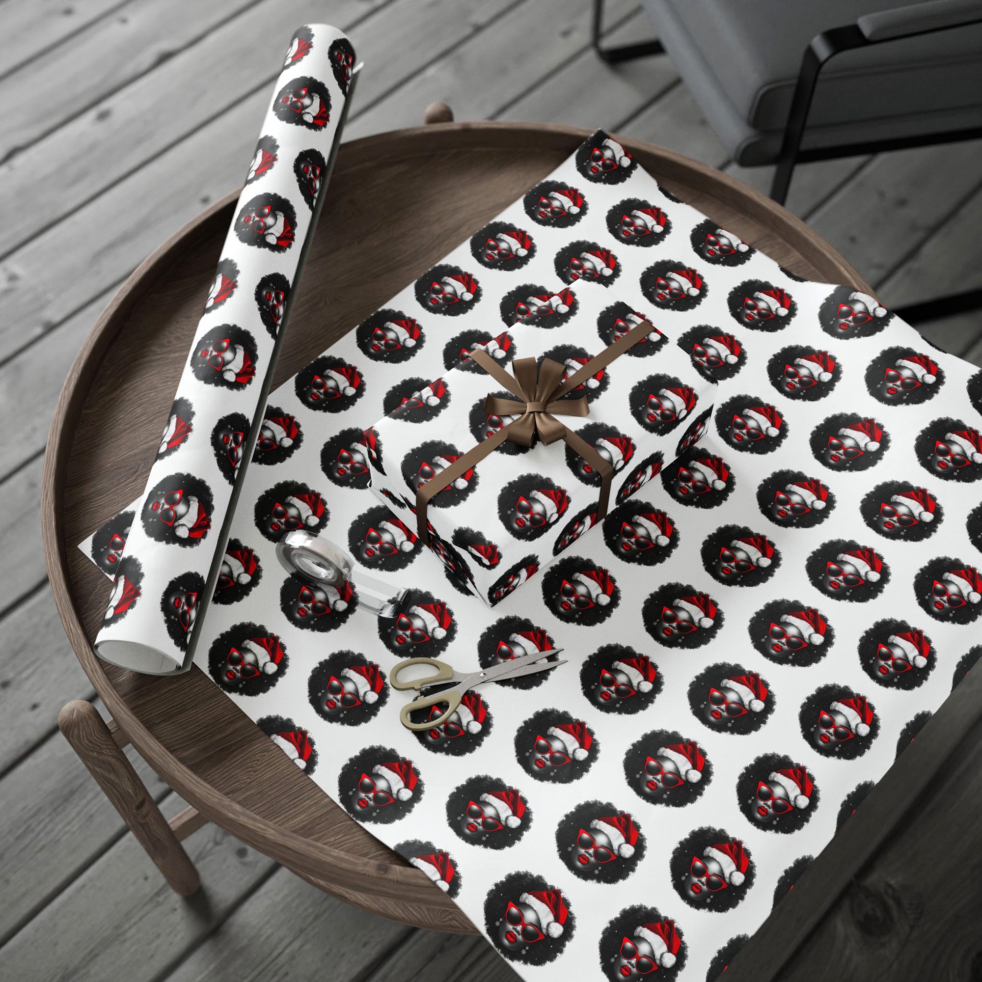 Sexy Black Mrs. Santa Claus Wrapping Paper featuring an African American woman with a red Santa cap over her natural afro and red cat-eye sunglasses, Afrocentric holiday gift wrap design.