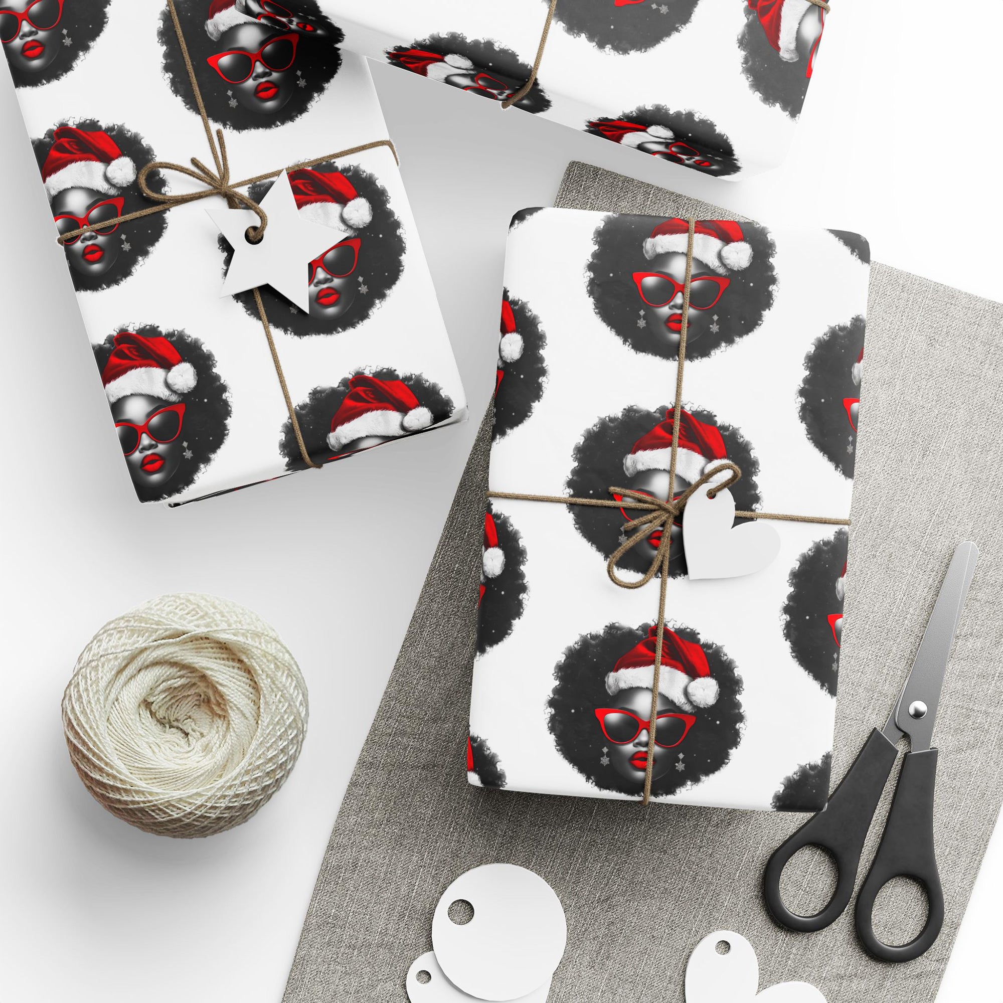 Sexy Black Mrs. Santa Claus Wrapping Paper featuring an African American woman with a red Santa cap over her natural afro and red cat-eye sunglasses, Afrocentric holiday gift wrap design.