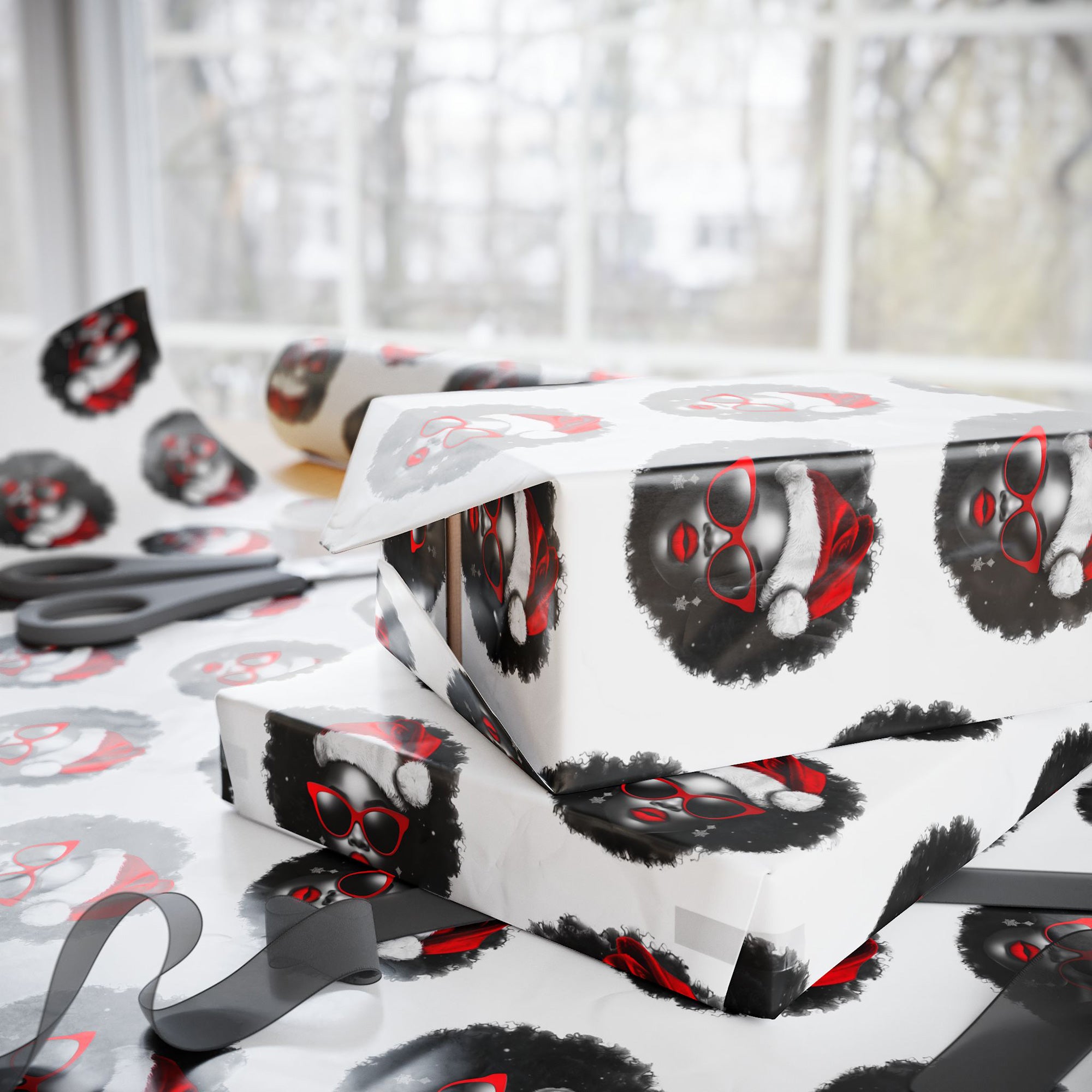 Sexy Black Mrs. Santa Claus Wrapping Paper featuring an African American woman with a red Santa cap over her natural afro and red cat-eye sunglasses, Afrocentric holiday gift wrap design.