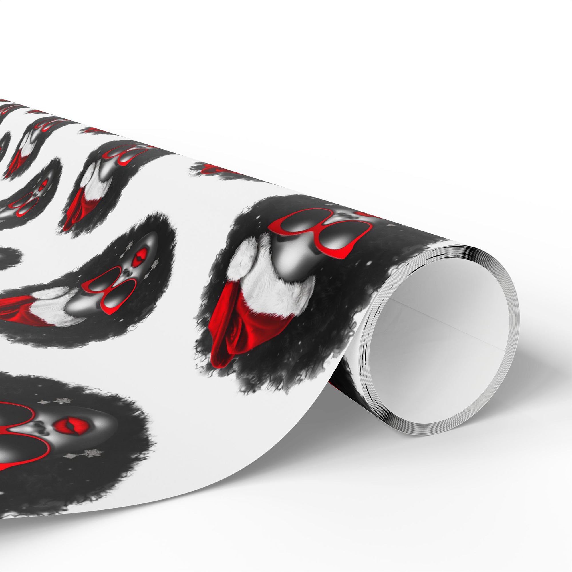 Sexy Black Mrs. Santa Claus Wrapping Paper featuring an African American woman with a red Santa cap over her natural afro and red cat-eye sunglasses, Afrocentric holiday gift wrap design.
