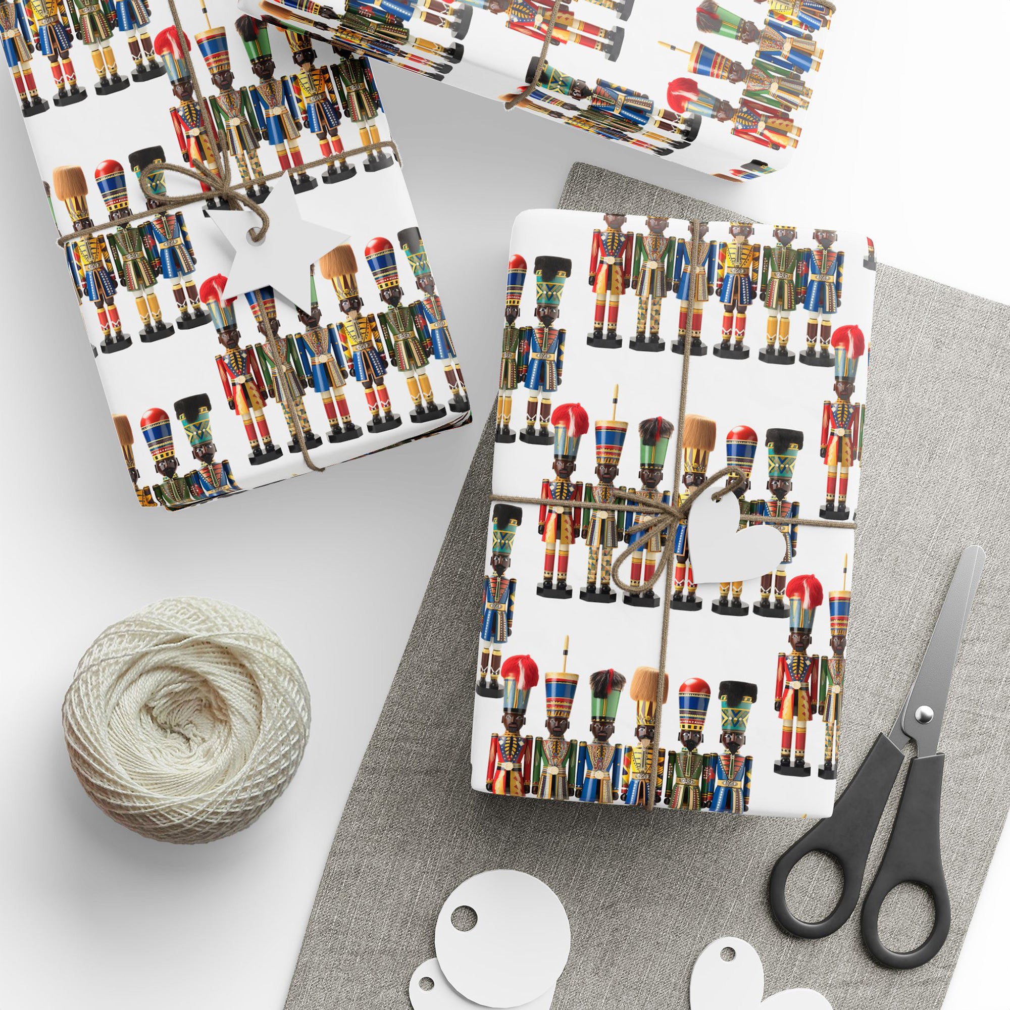 Black Christmas Nutcracker Soldiers Wrapping Paper featuring African American nutcracker designs in red, green, and gold, perfect for Afrocentric holiday gifts and Christmas décor.