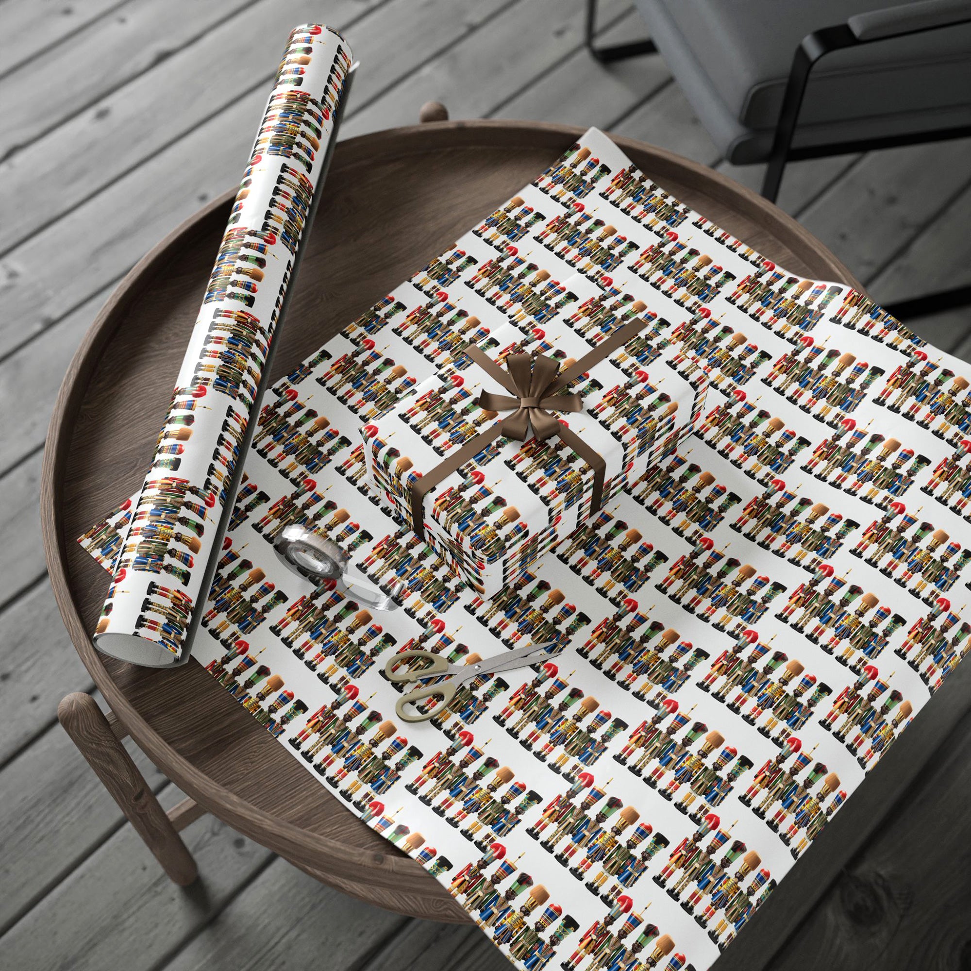 Black Christmas Nutcracker Soldiers Wrapping Paper featuring African American nutcracker designs in red, green, and gold, perfect for Afrocentric holiday gifts and Christmas décor.