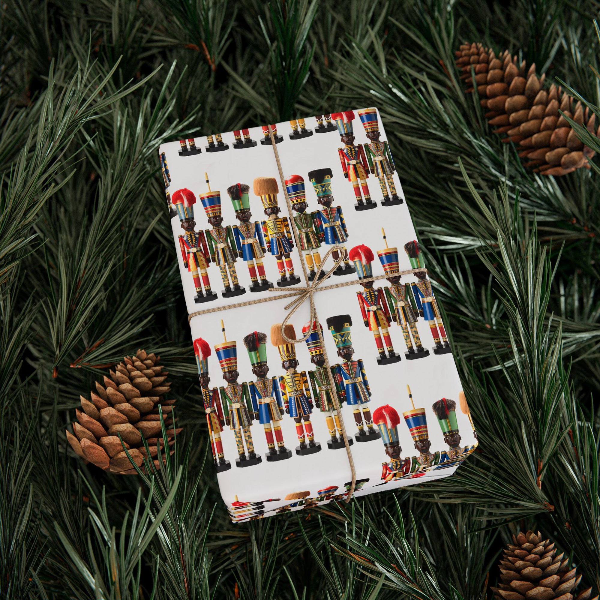 Black Christmas Nutcracker Soldiers Wrapping Paper featuring African American nutcracker designs in red, green, and gold, perfect for Afrocentric holiday gifts and Christmas décor.