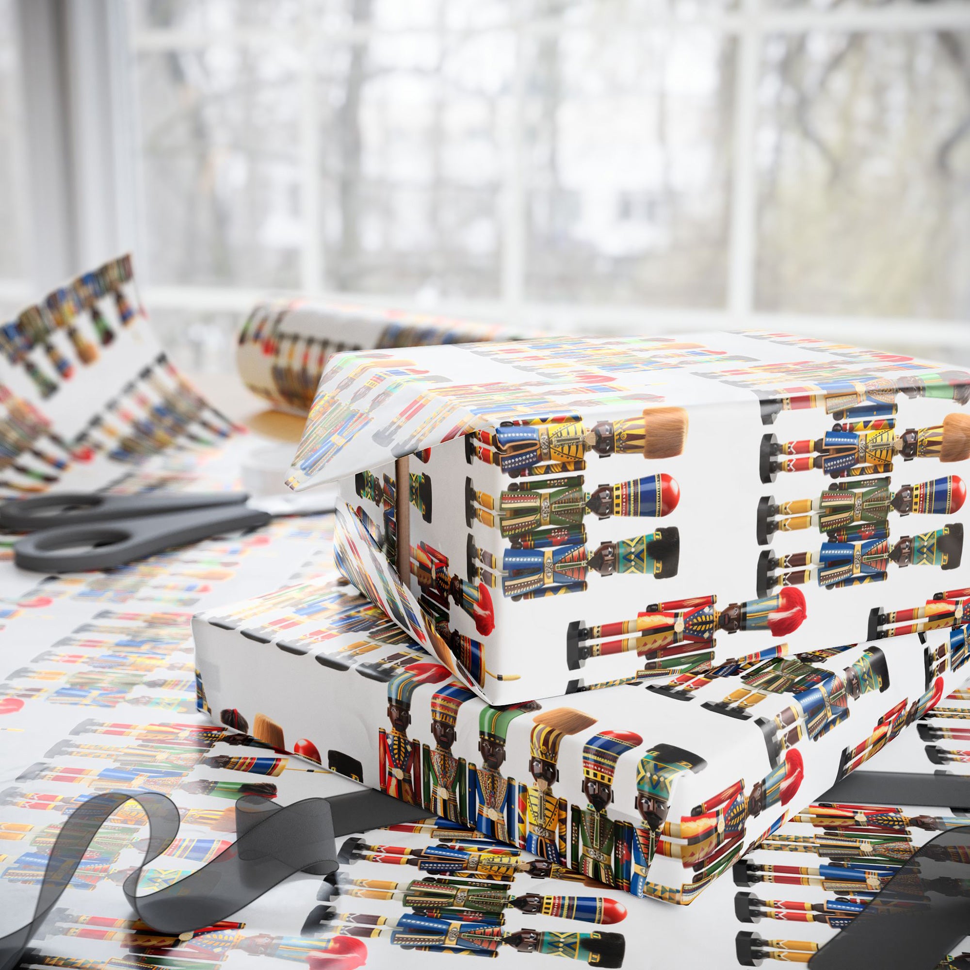 Black Christmas Nutcracker Soldiers Wrapping Paper featuring African American nutcracker designs in red, green, and gold, perfect for Afrocentric holiday gifts and Christmas décor.