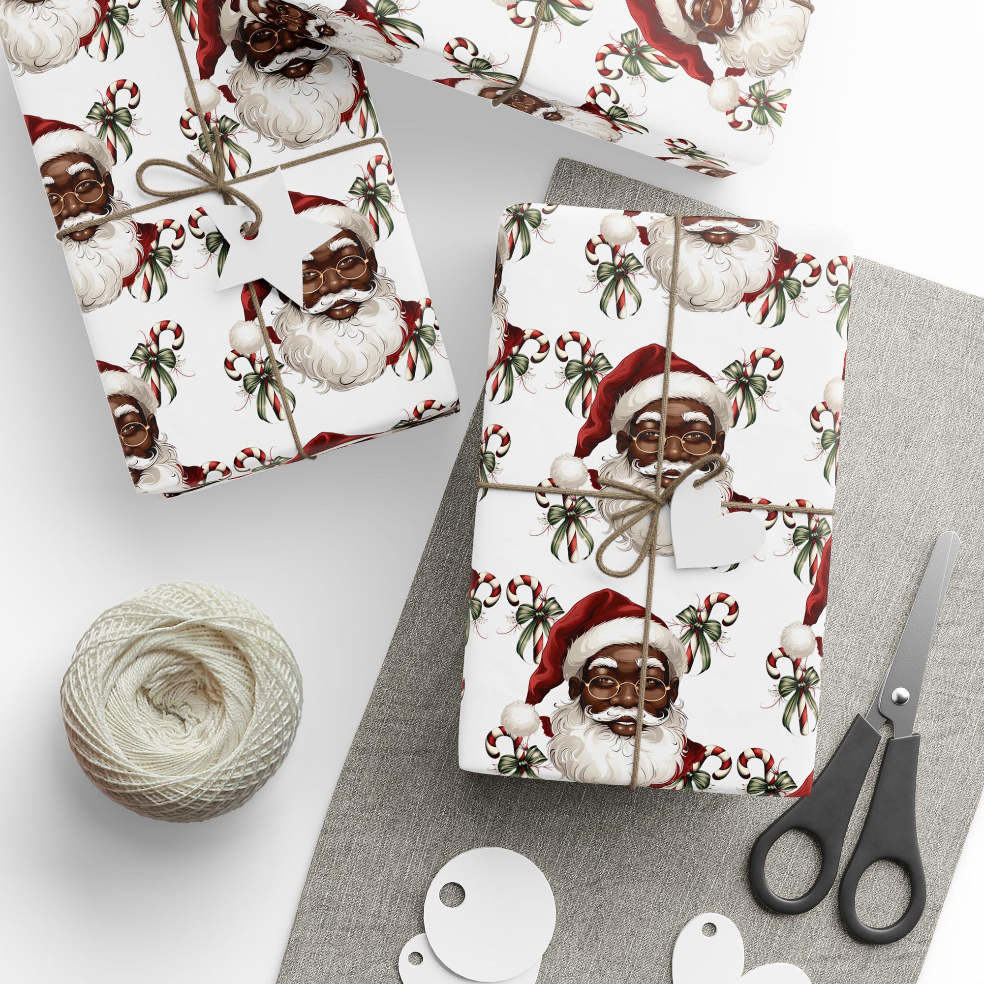Black Santa Claus Candy Cane Wrapping Paper featuring African American Santa in red and white festive design, perfect for Afrocentric holiday gifts and Christmas celebrations.