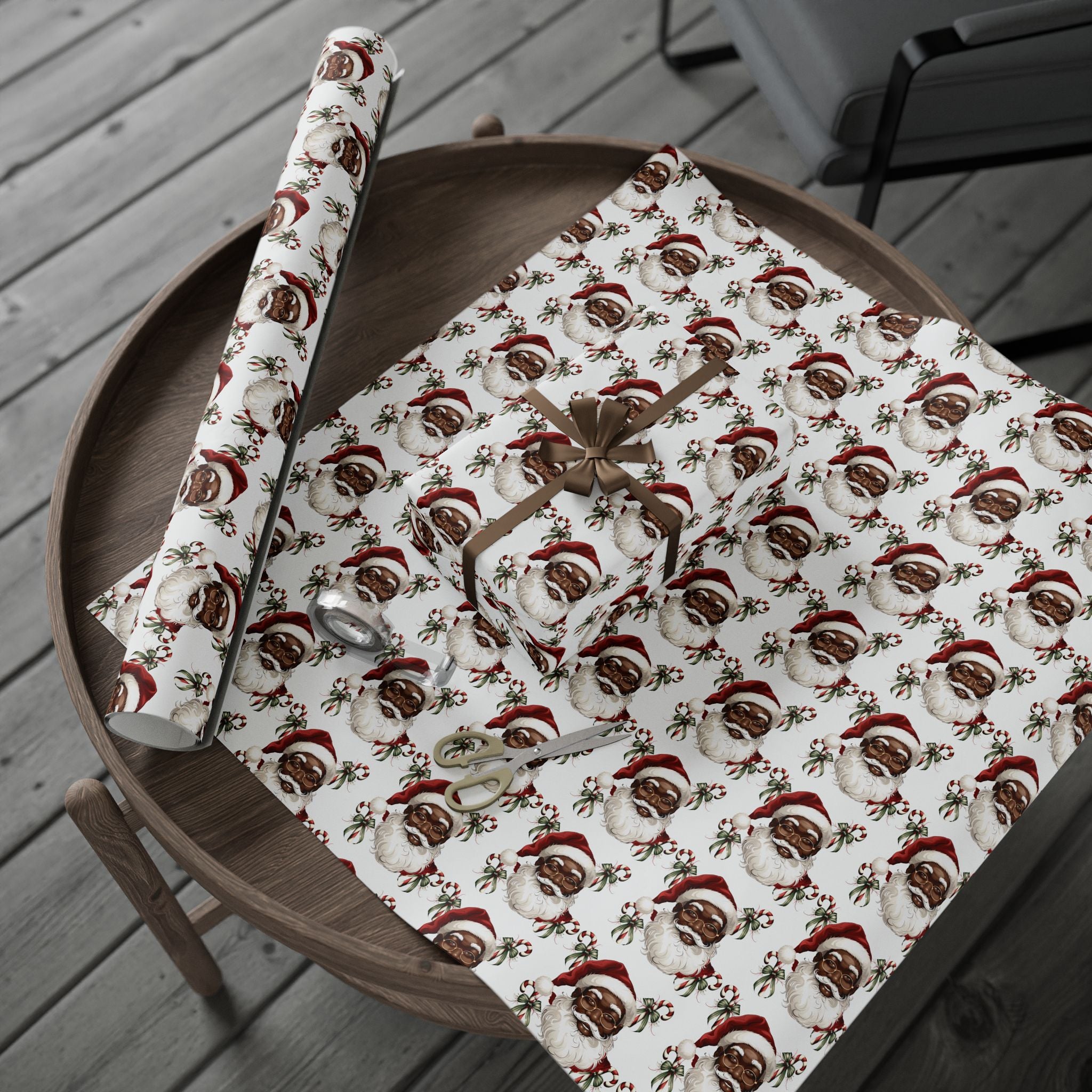 Black Santa Claus Candy Cane Wrapping Paper featuring African American Santa in red and white festive design, perfect for Afrocentric holiday gifts and Christmas celebrations.