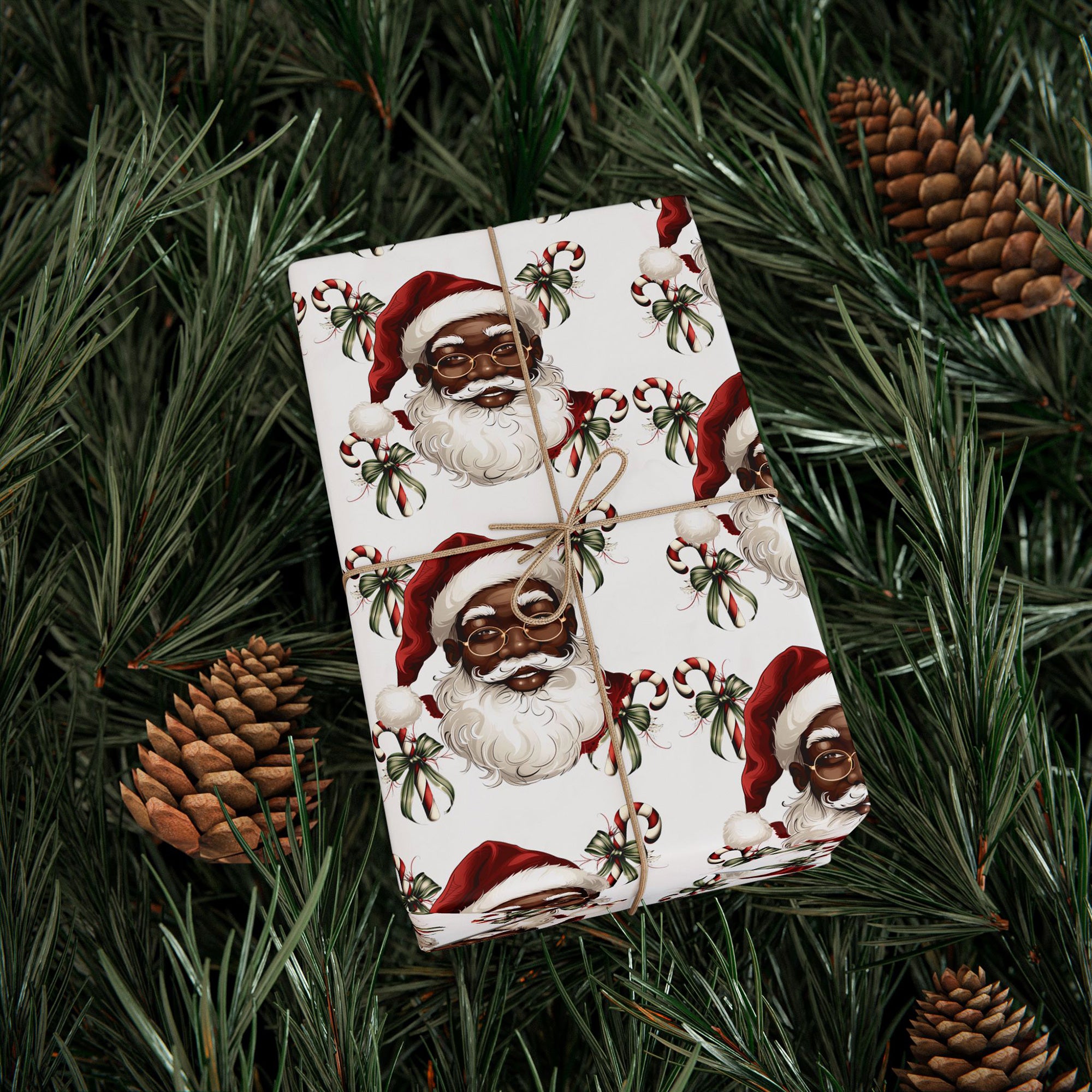 Black Santa Claus Candy Cane Wrapping Paper featuring African American Santa in red and white festive design, perfect for Afrocentric holiday gifts and Christmas celebrations.