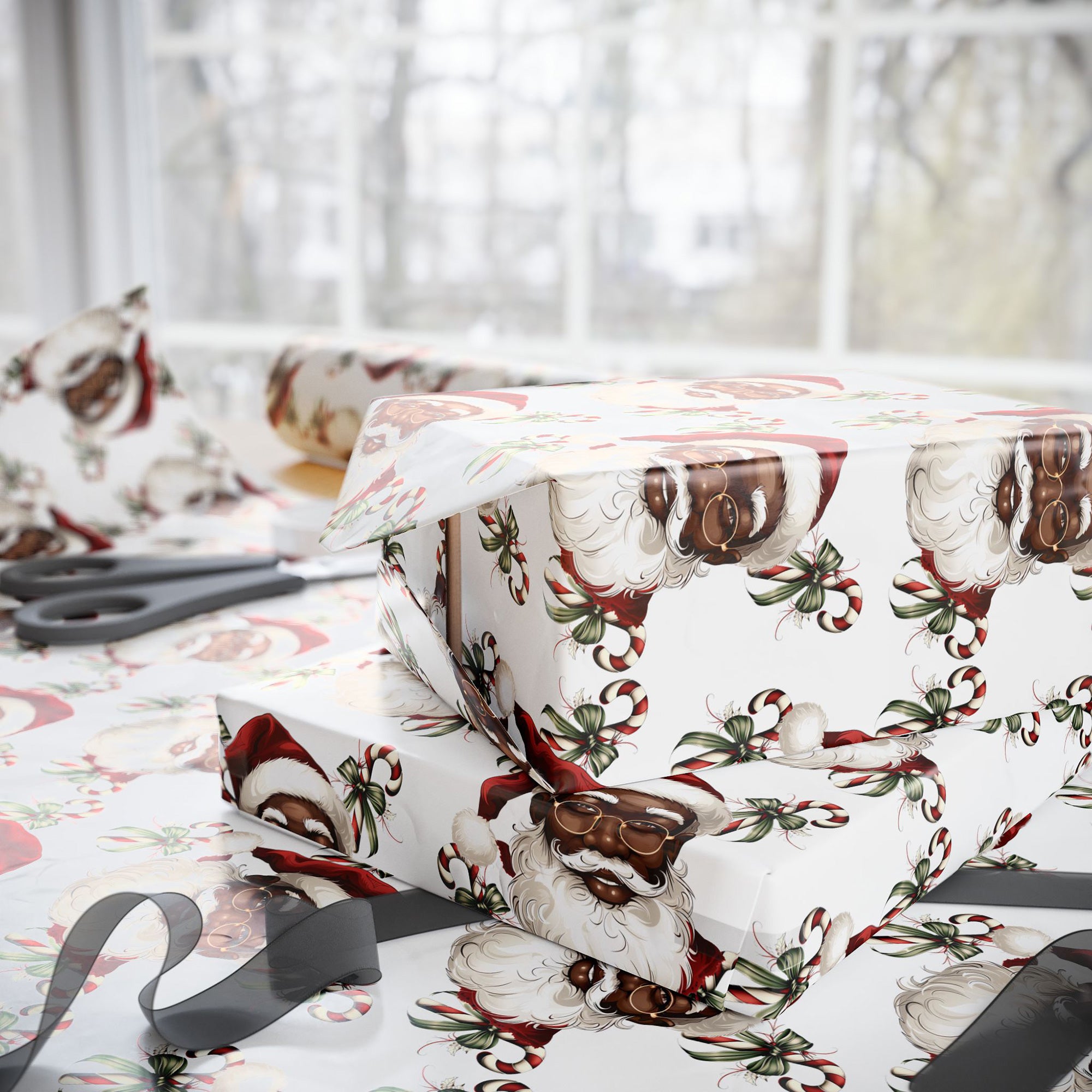 Black Santa Claus Candy Cane Wrapping Paper featuring African American Santa in red and white festive design, perfect for Afrocentric holiday gifts and Christmas celebrations.