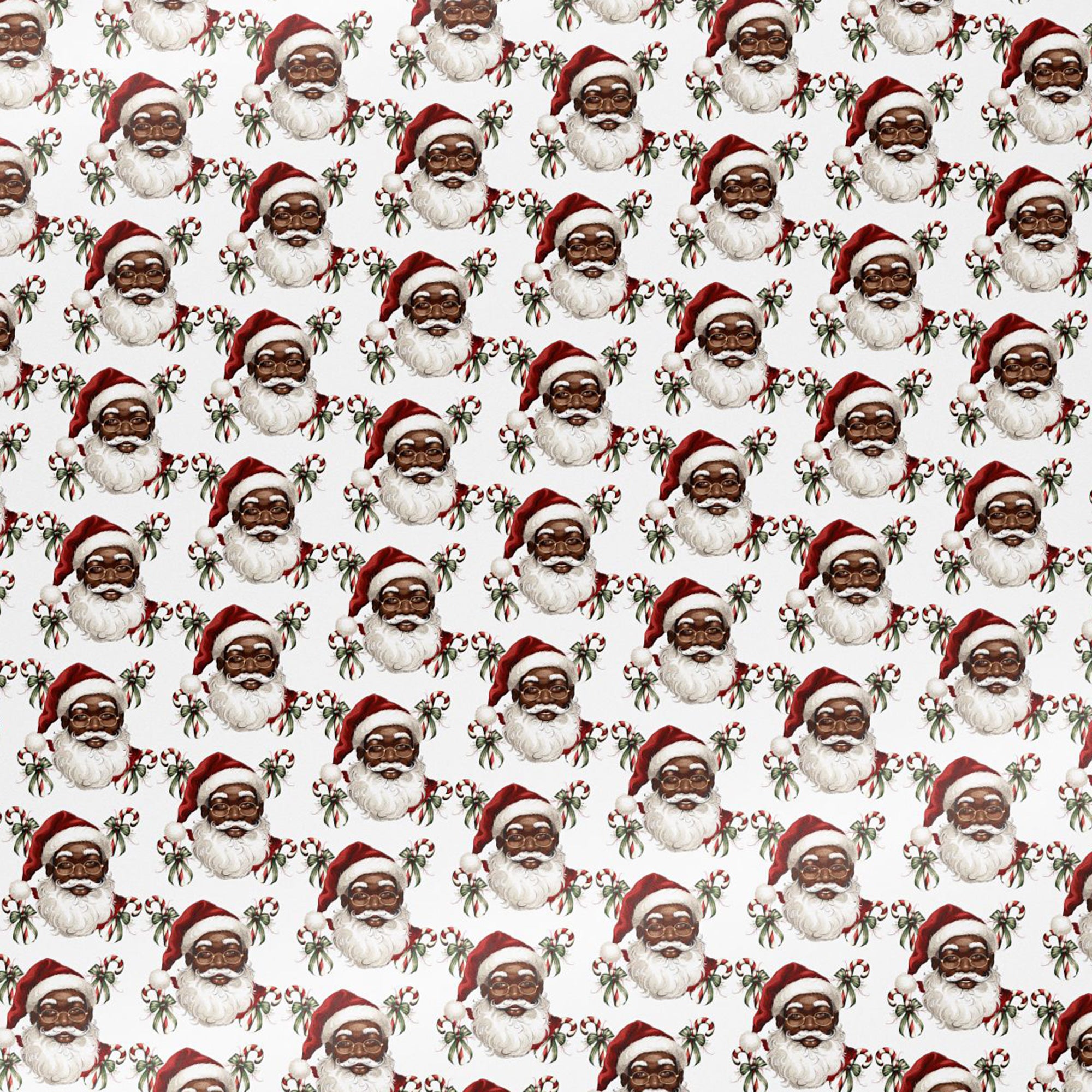 Black Santa Claus Candy Cane Wrapping Paper featuring African American Santa in red and white festive design, perfect for Afrocentric holiday gifts and Christmas celebrations.
